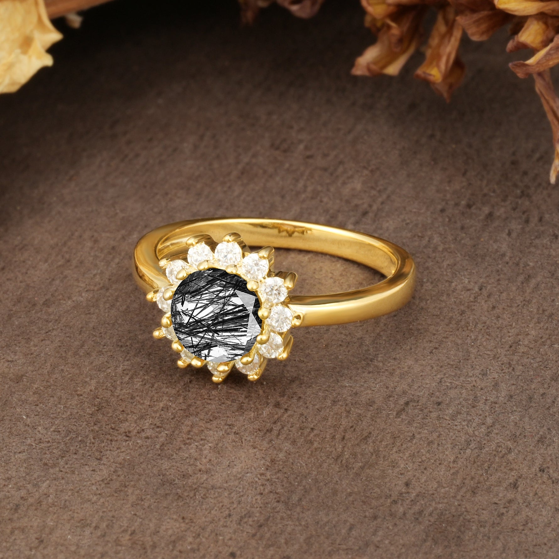 Nature-Inspired, Luxurious Floral Design, 12-Prong Round Cut Black Rutilated Quartz Engagement Ring - Additional view