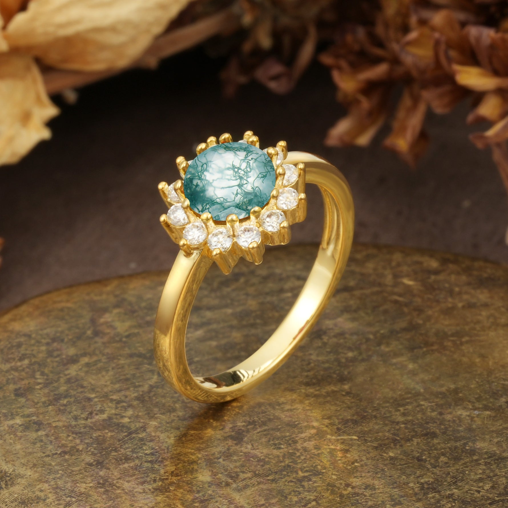 Nature-Inspired, Luxurious Floral Design, 12-Prong Round Cut Moss Agate Engagement Ring - Additional view