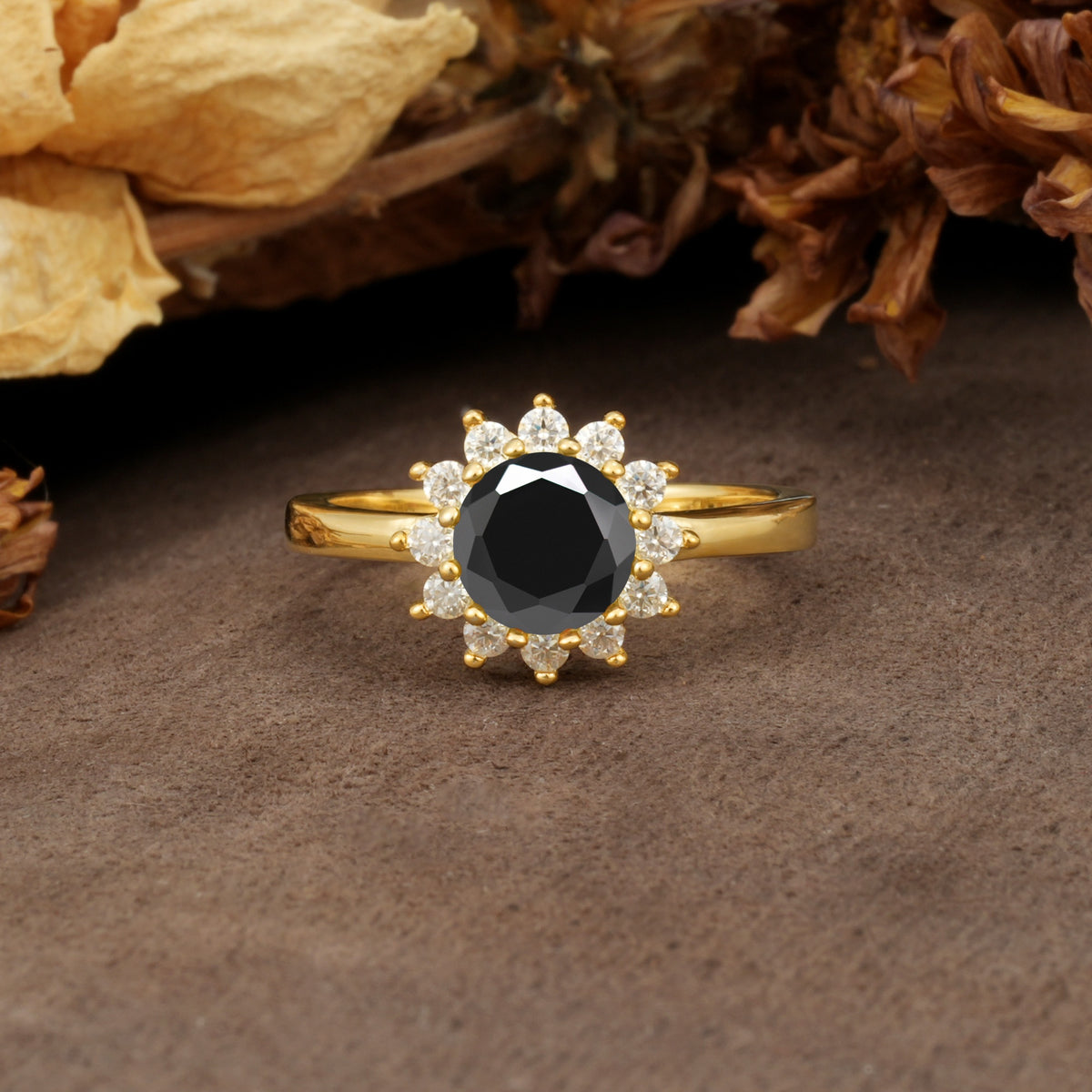 Nature-Inspired, Luxurious Floral Design, 12-Prong Round Cut Black Onyx Engagement Ring - Additional view
