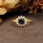 Nature-Inspired, Luxurious Floral Design, 12-Prong Round Cut Black Onyx Engagement Ring - Additional view