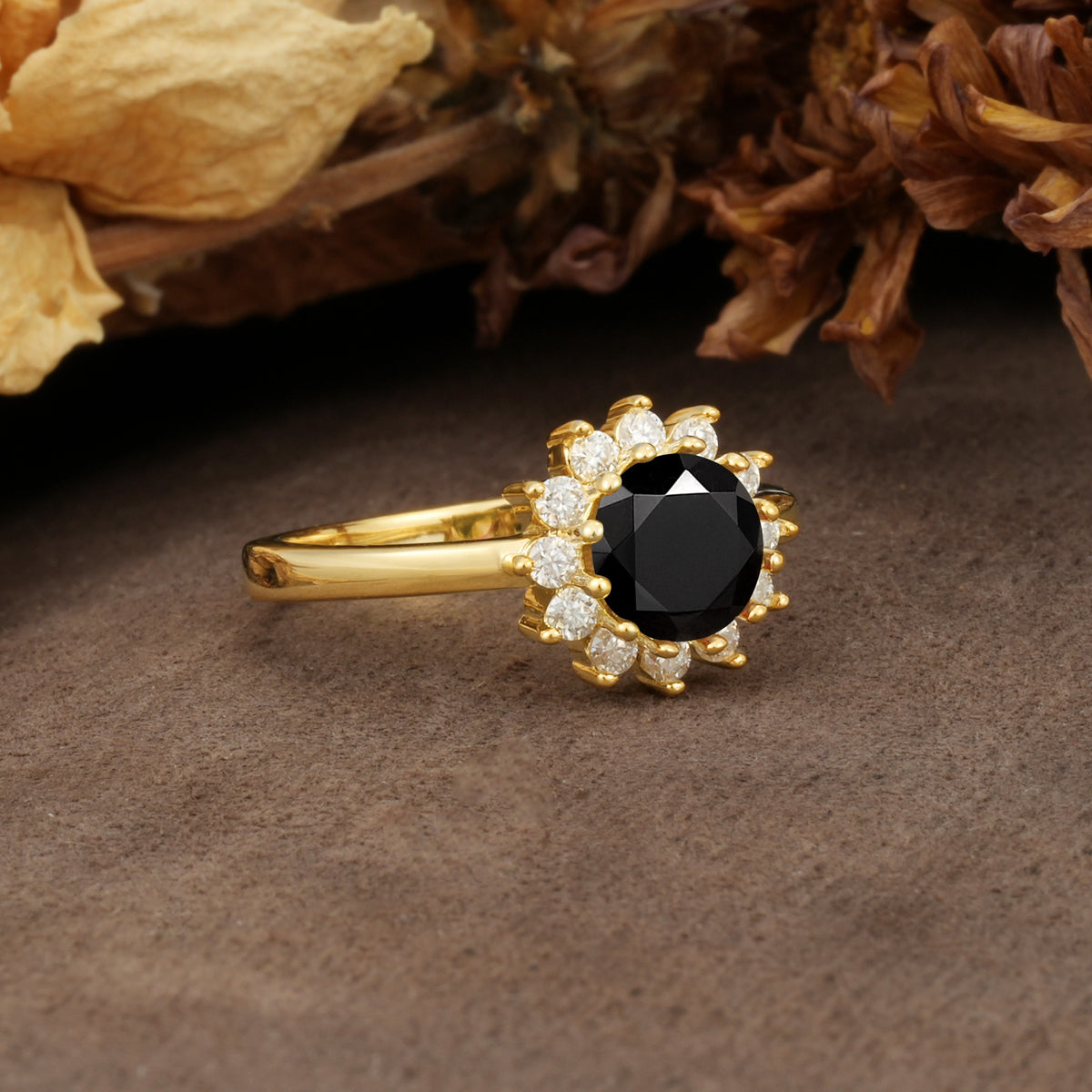 Nature-Inspired, Luxurious Floral Design, 12-Prong Round Cut Black Onyx Engagement Ring - Additional view