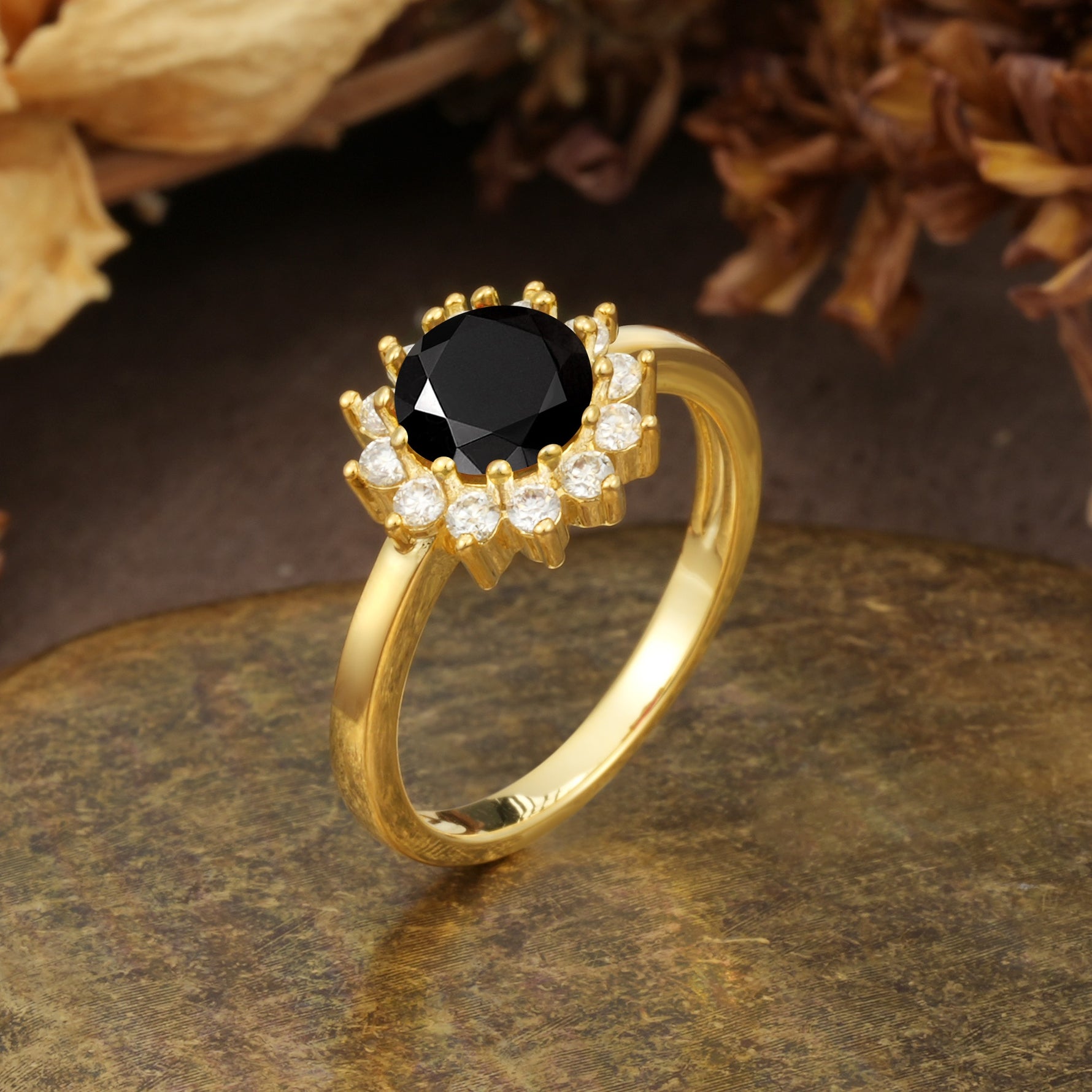 Nature-Inspired, Luxurious Floral Design, 12-Prong Round Cut Black Onyx Engagement Ring - Additional view