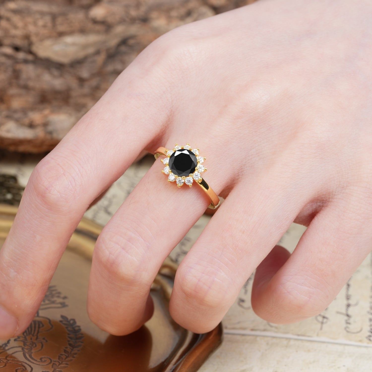 Nature-Inspired, Luxurious Floral Design, 12-Prong Round Cut Black Onyx Engagement Ring - Additional view
