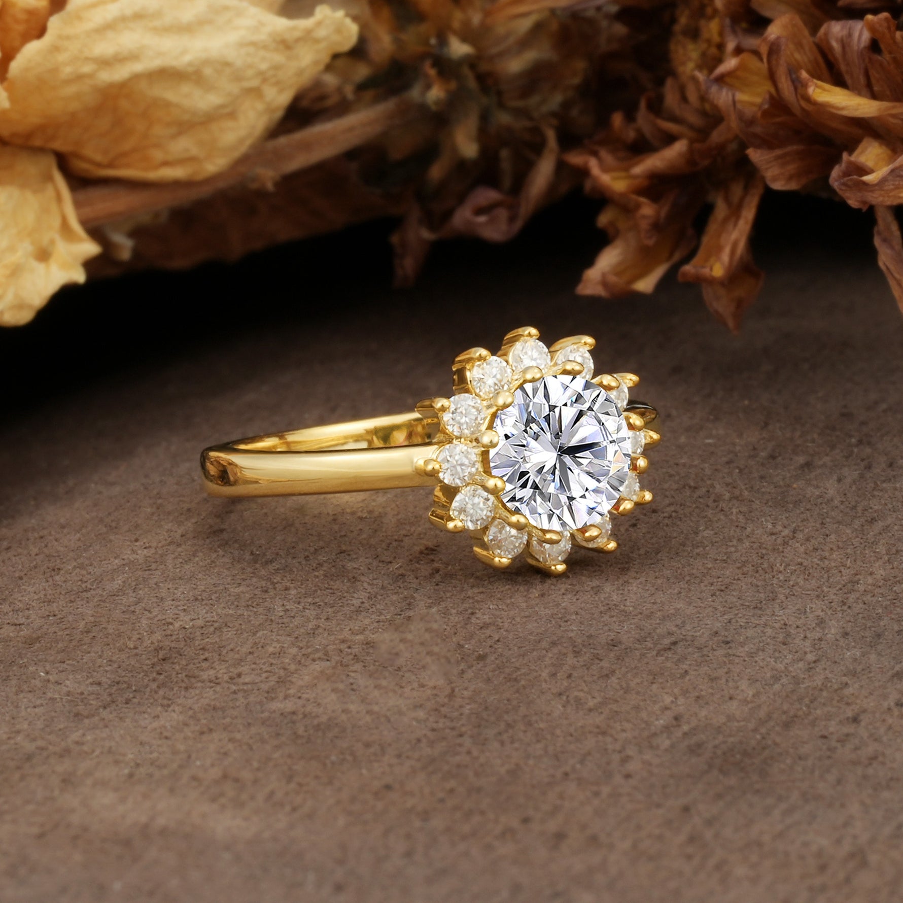 Nature-Inspired, Luxurious Floral Design, 12-Prong Round Cut Lab Diamond Engagement Ring - Additional view