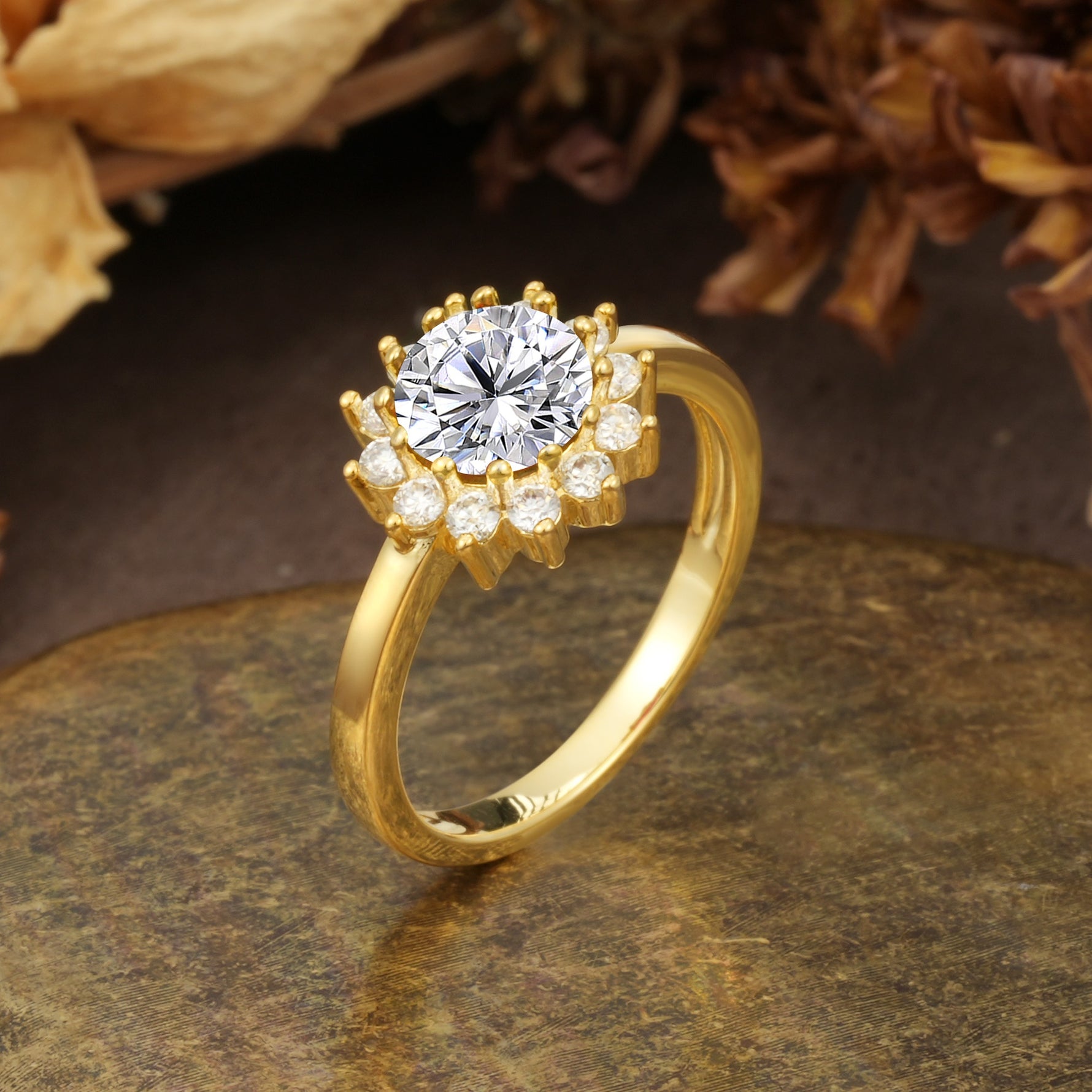 Nature-Inspired, Luxurious Floral Design, 12-Prong Round Cut Lab Diamond Engagement Ring - Additional view