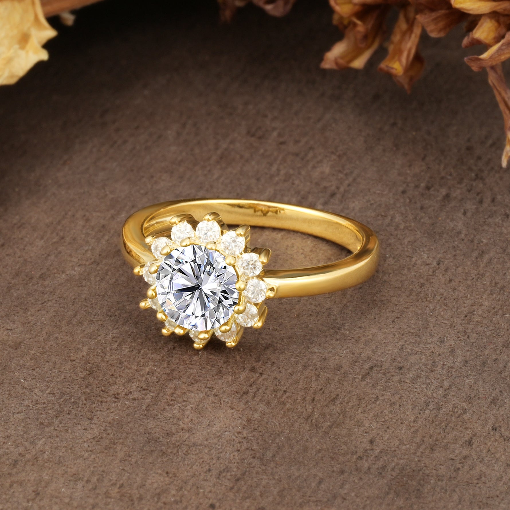 Nature-Inspired, Luxurious Floral Design, 12-Prong Round Cut Lab Diamond Engagement Ring - Additional view