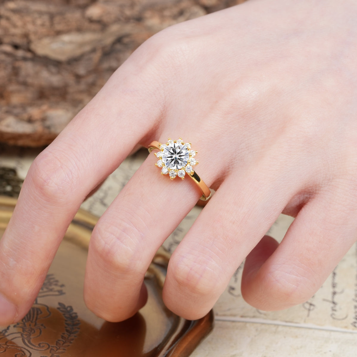 Nature-Inspired, Luxurious Floral Design, 12-Prong Round Cut Lab Diamond Engagement Ring - Additional view