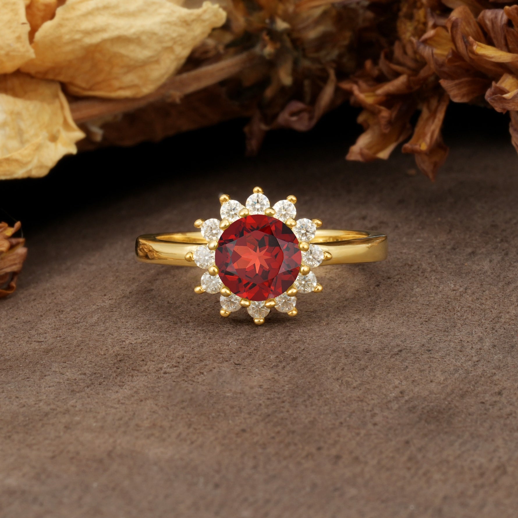 Nature-Inspired, Luxurious Floral Design, 12-Prong Round Cut Garnet Engagement Ring - Additional view