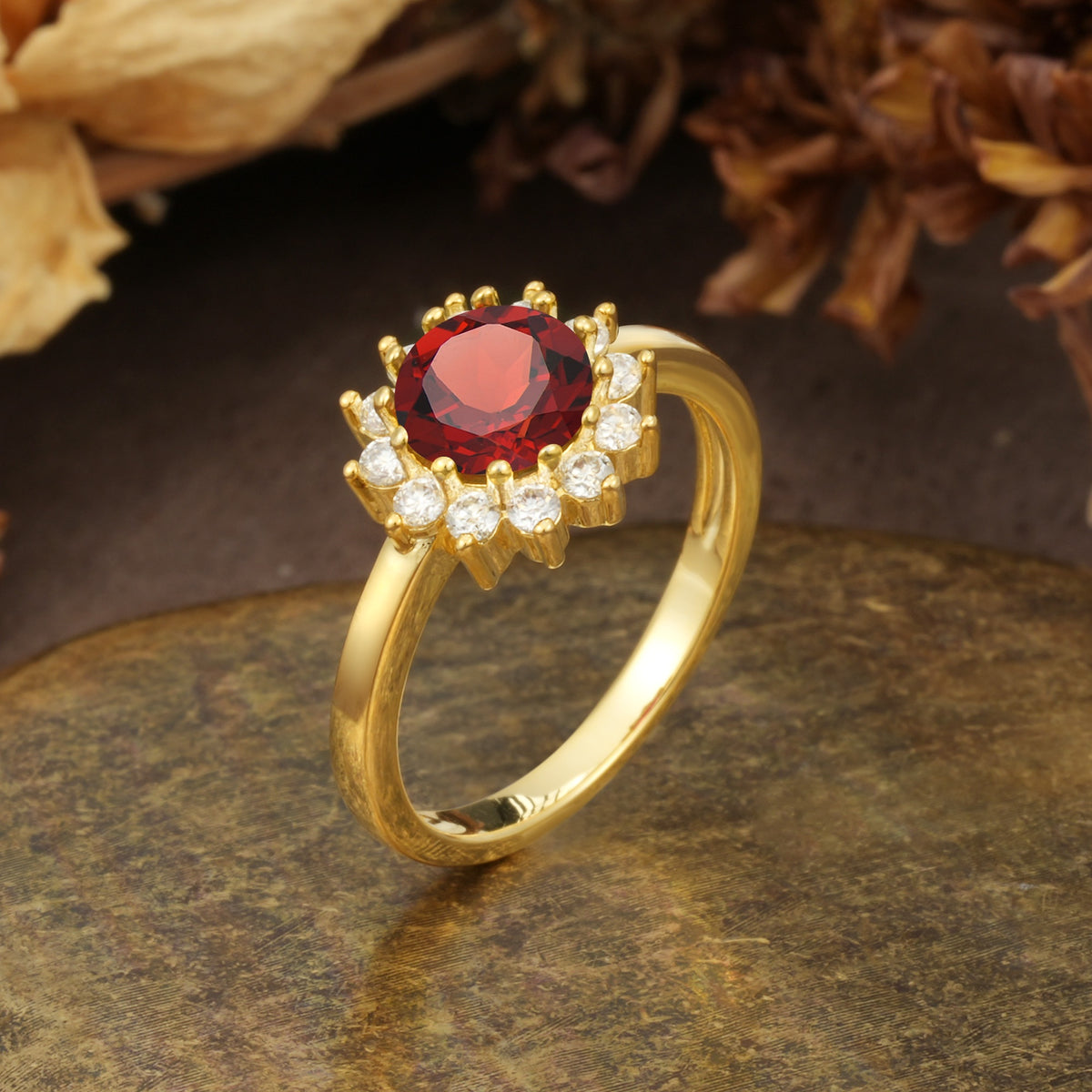 Nature-Inspired, Luxurious Floral Design, 12-Prong Round Cut Garnet Engagement Ring - Additional view