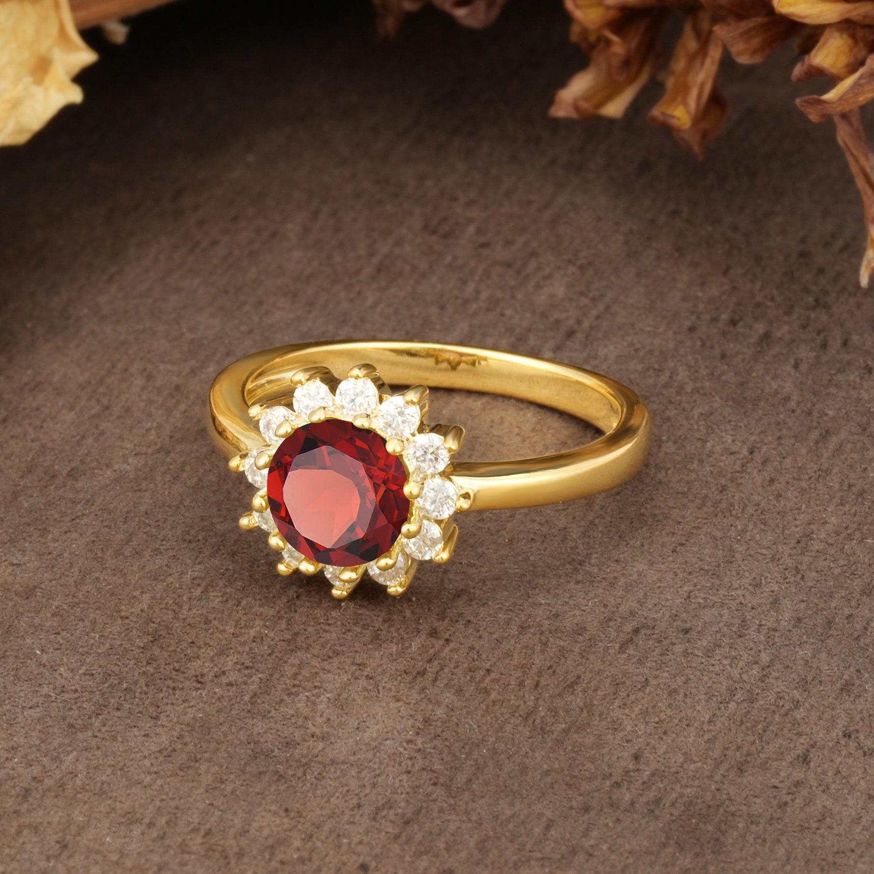 Nature-Inspired, Luxurious Floral Design, 12-Prong Round Cut Garnet Engagement Ring - Additional view
