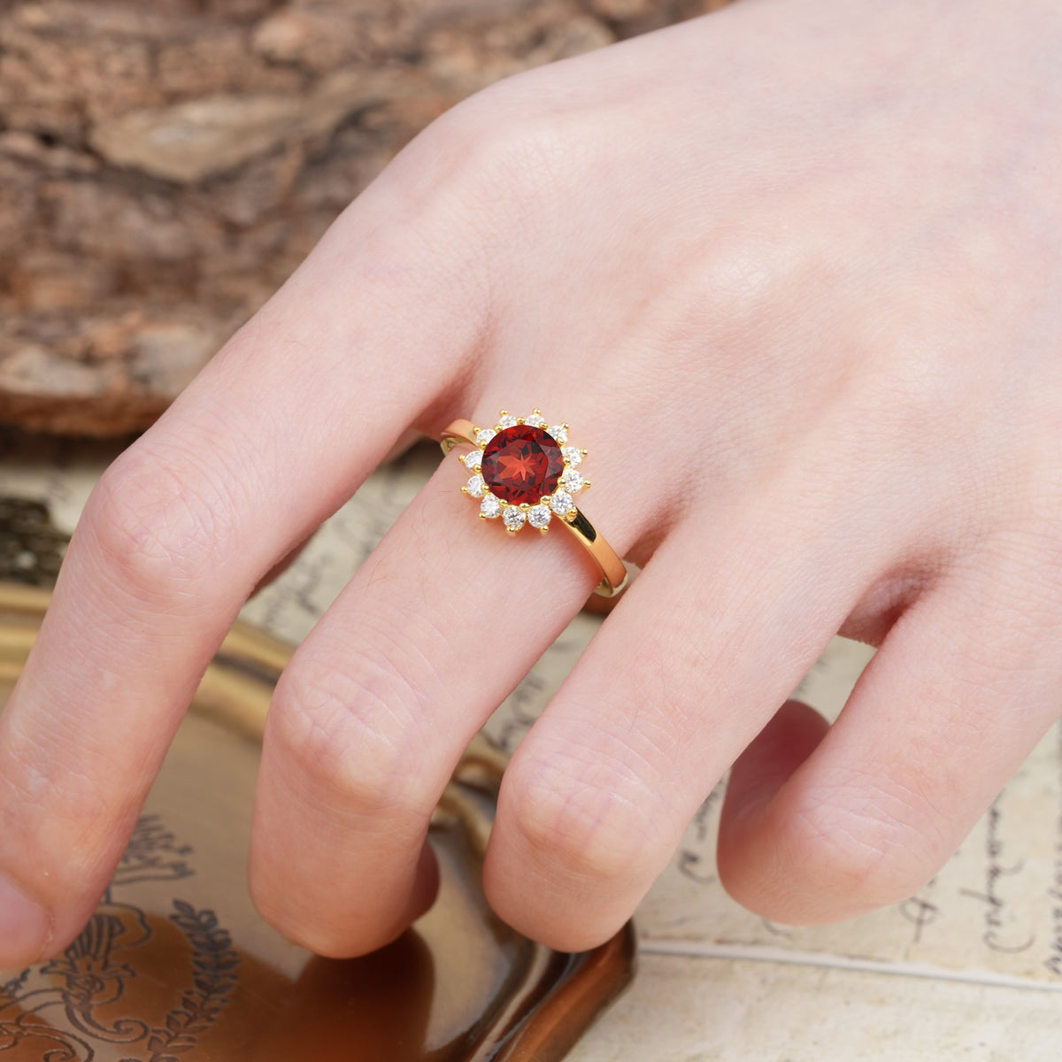 Nature-Inspired, Luxurious Floral Design, 12-Prong Round Cut Garnet Engagement Ring - Additional view