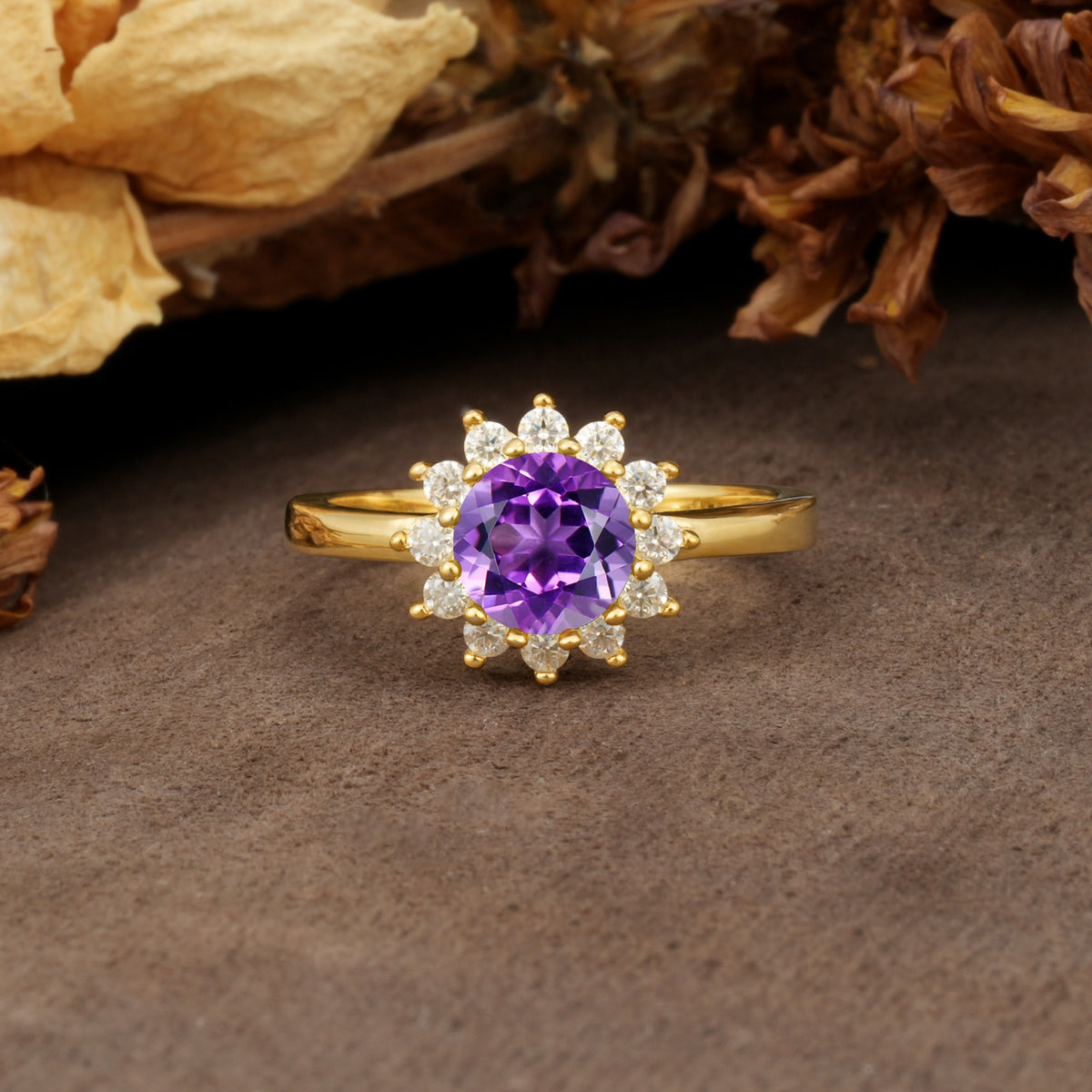 Nature-Inspired, Luxurious Floral Design, 12-Prong Round Cut Amethyst Engagement Ring - Additional view