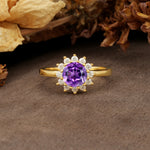 Nature-Inspired, Luxurious Floral Design, 12-Prong Round Cut Amethyst Engagement Ring - Additional view