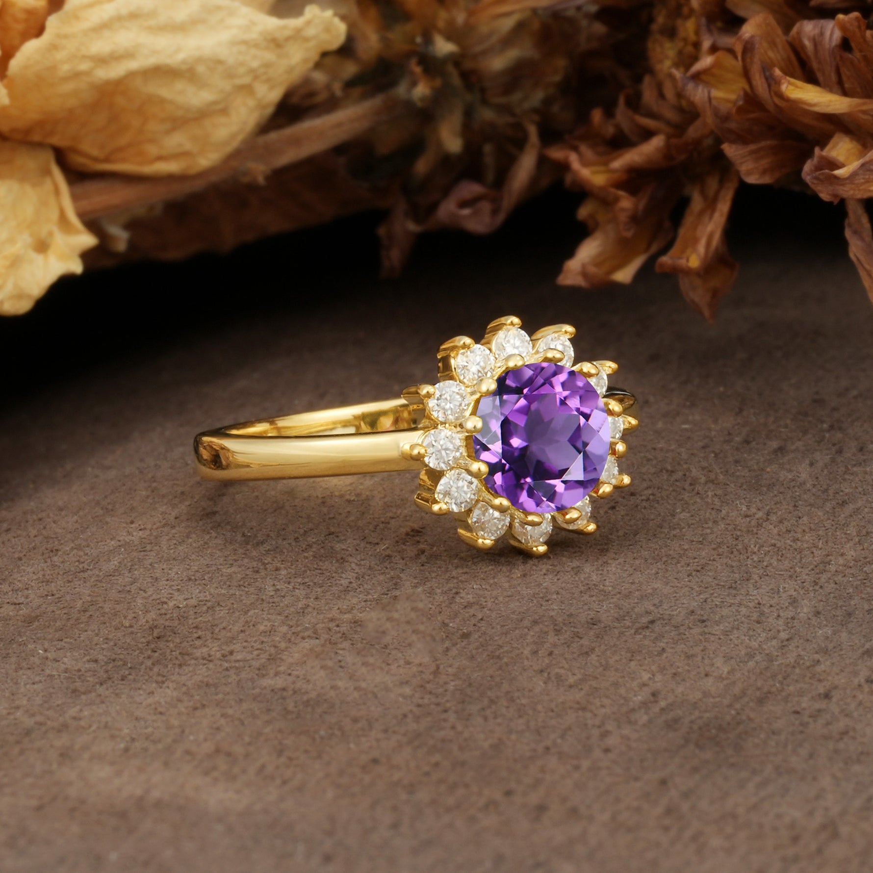 Nature-Inspired, Luxurious Floral Design, 12-Prong Round Cut Amethyst Engagement Ring - Additional view