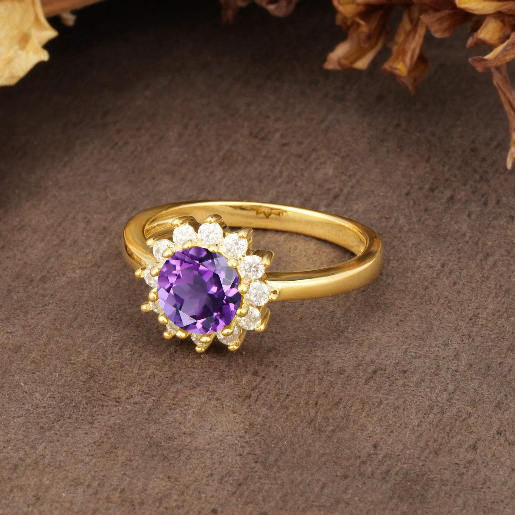 Nature-Inspired, Luxurious Floral Design, 12-Prong Round Cut Amethyst Engagement Ring - Additional view