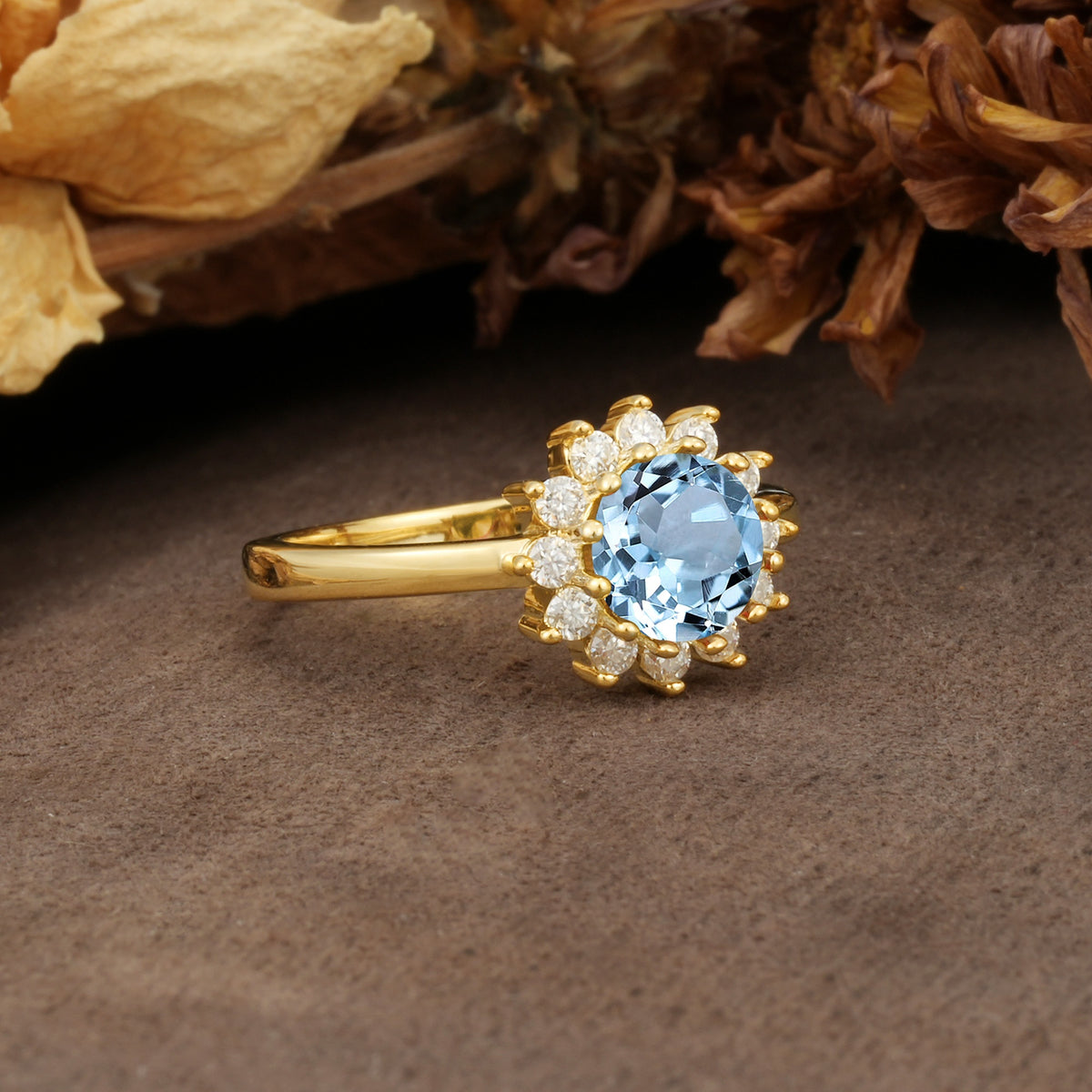Nature-Inspired, Luxurious Floral Design, 12-Prong Round Cut Aquamarine Engagement Ring - Additional view