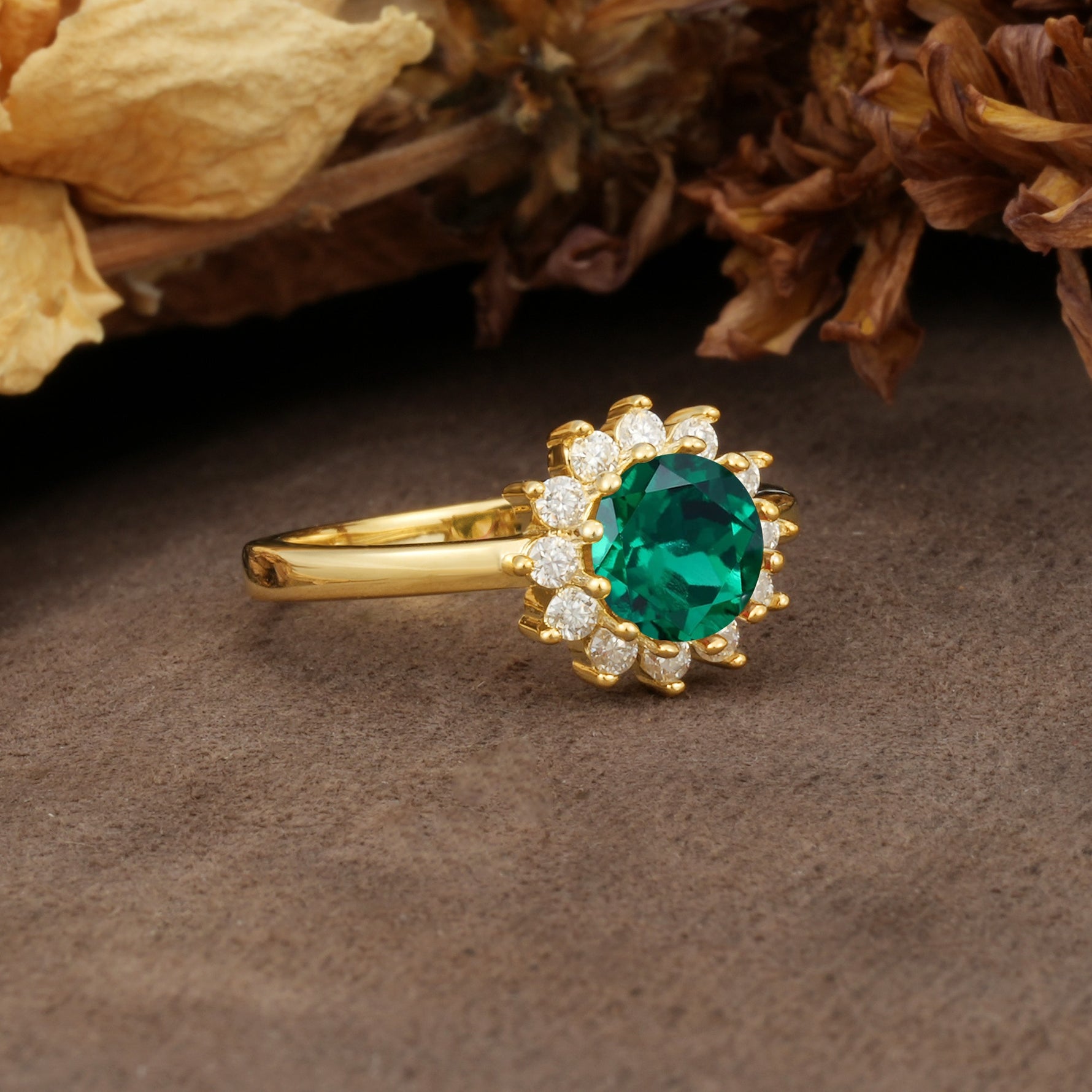 Nature-Inspired, Luxurious Floral Design, 12-Prong Round Cut Emerald Engagement Ring - Additional view