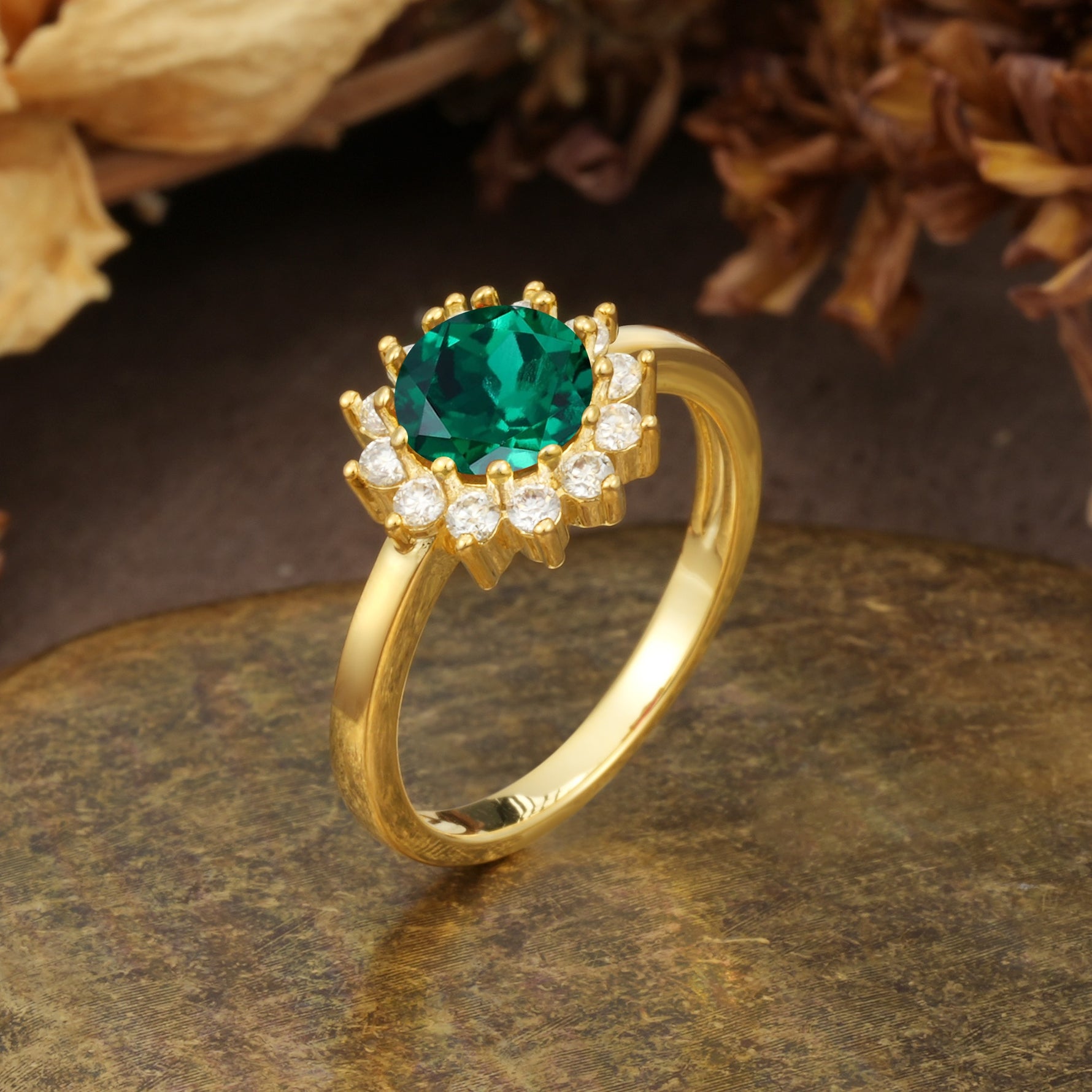 Nature-Inspired, Luxurious Floral Design, 12-Prong Round Cut Emerald Engagement Ring - Additional view