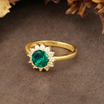 Nature-Inspired, Luxurious Floral Design, 12-Prong Round Cut Emerald Engagement Ring - Additional view