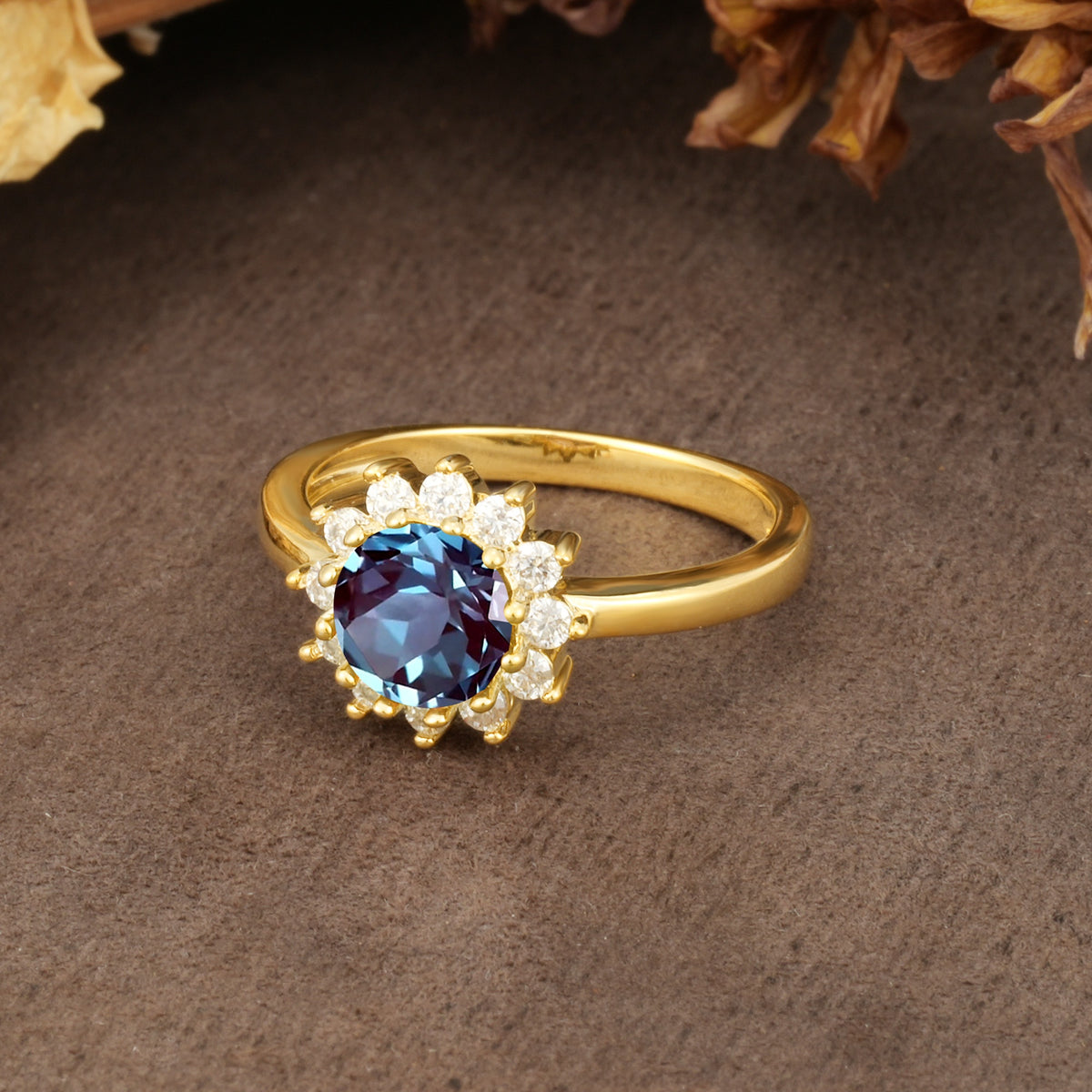 Nature-Inspired, Luxurious Floral Design, 12-Prong Round Cut Alexandrite Engagement Ring - Additional view