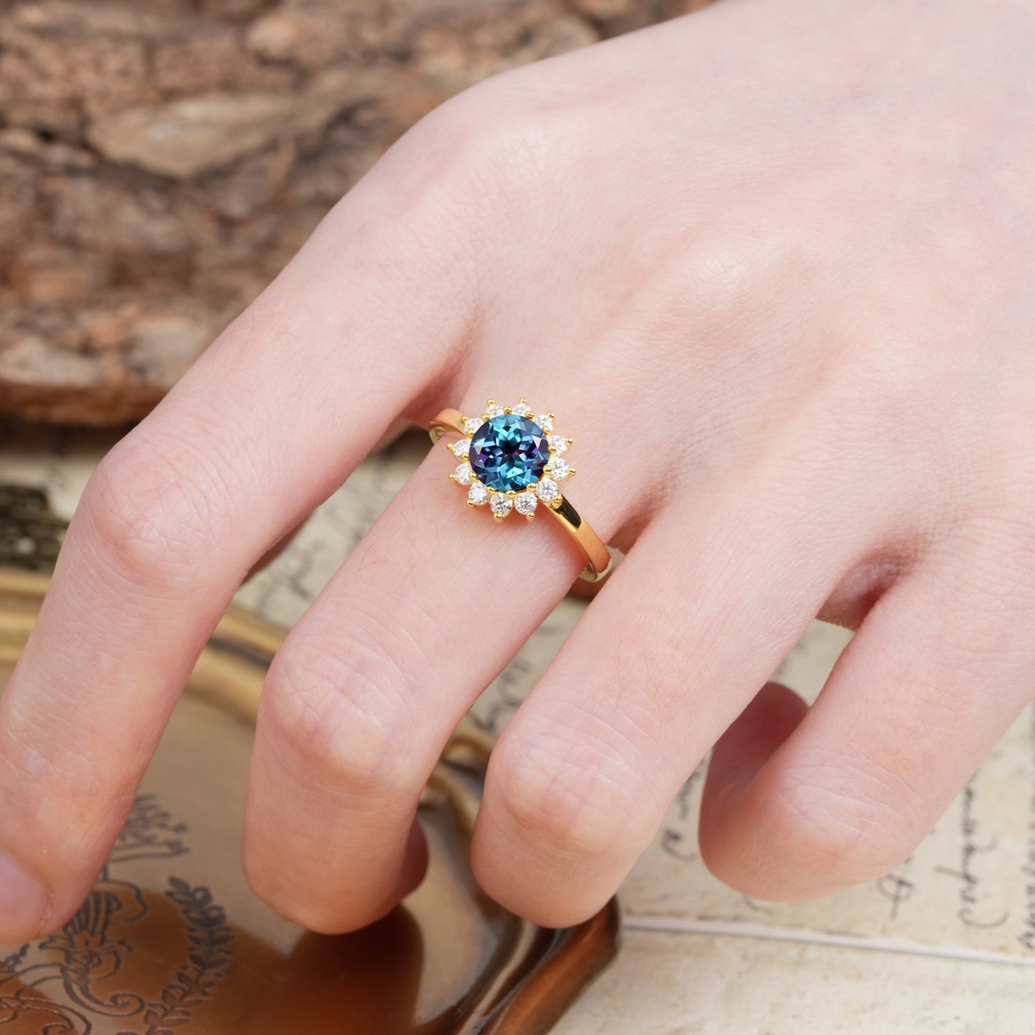 Nature-Inspired, Luxurious Floral Design, 12-Prong Round Cut Alexandrite Engagement Ring - Additional view