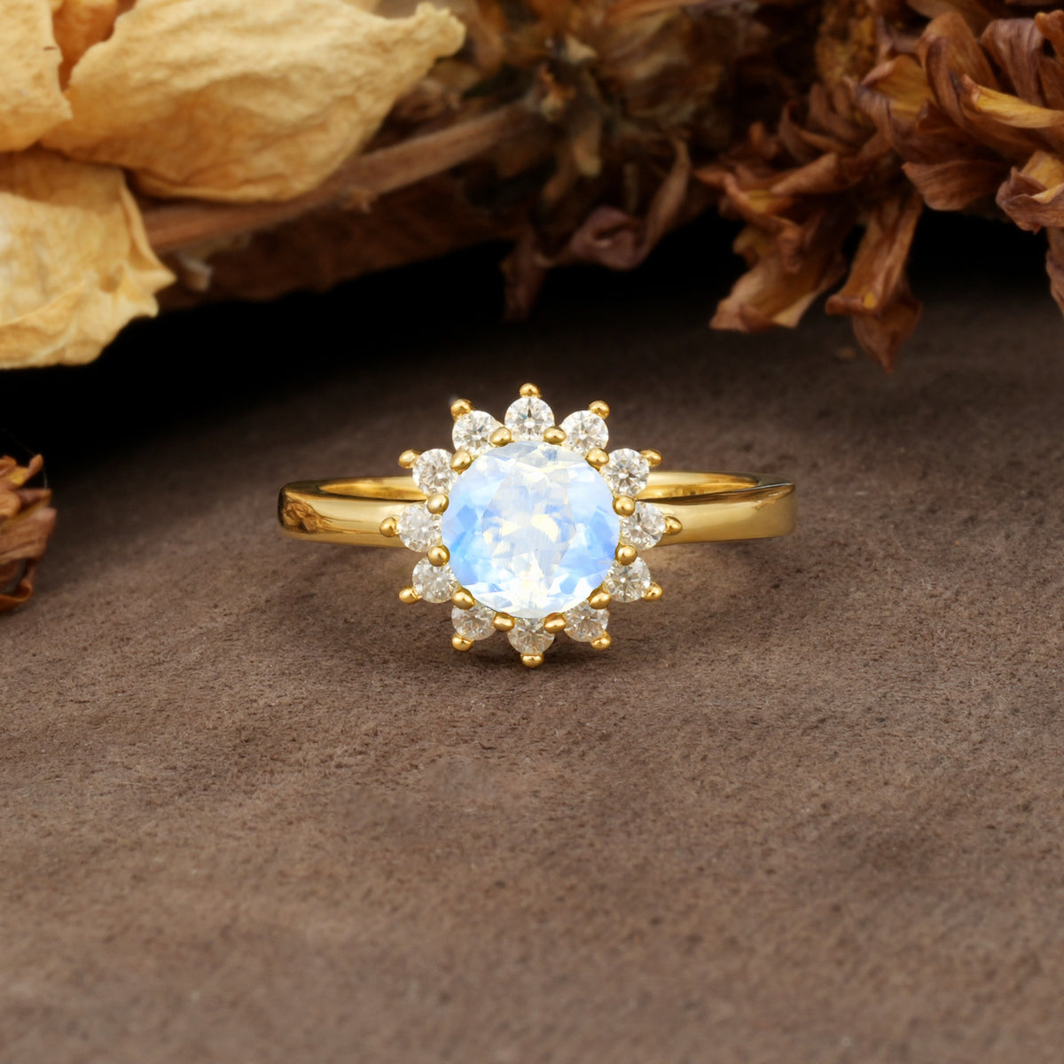 Nature-Inspired, Luxurious Floral Design, 12-Prong Round Cut Moonstone Engagement Ring - Additional view