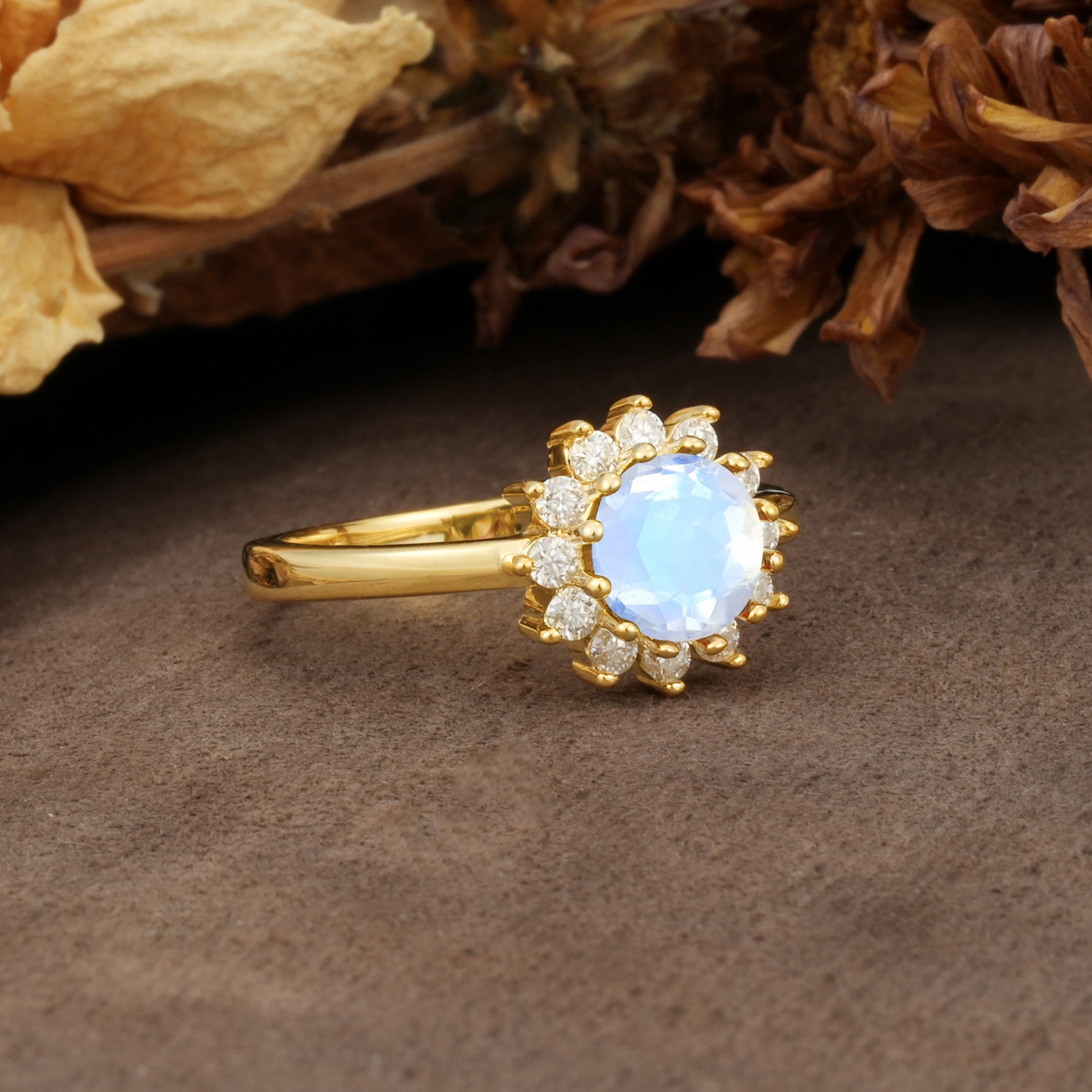 Nature-Inspired, Luxurious Floral Design, 12-Prong Round Cut Moonstone Engagement Ring - Additional view