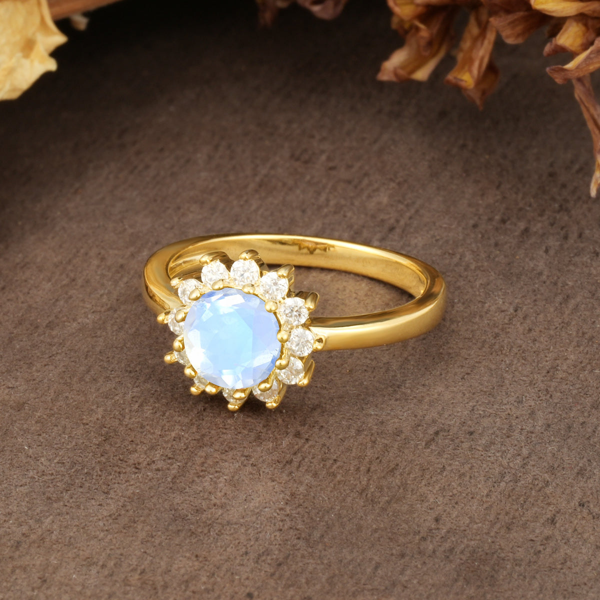 Nature-Inspired, Luxurious Floral Design, 12-Prong Round Cut Moonstone Engagement Ring - Additional view
