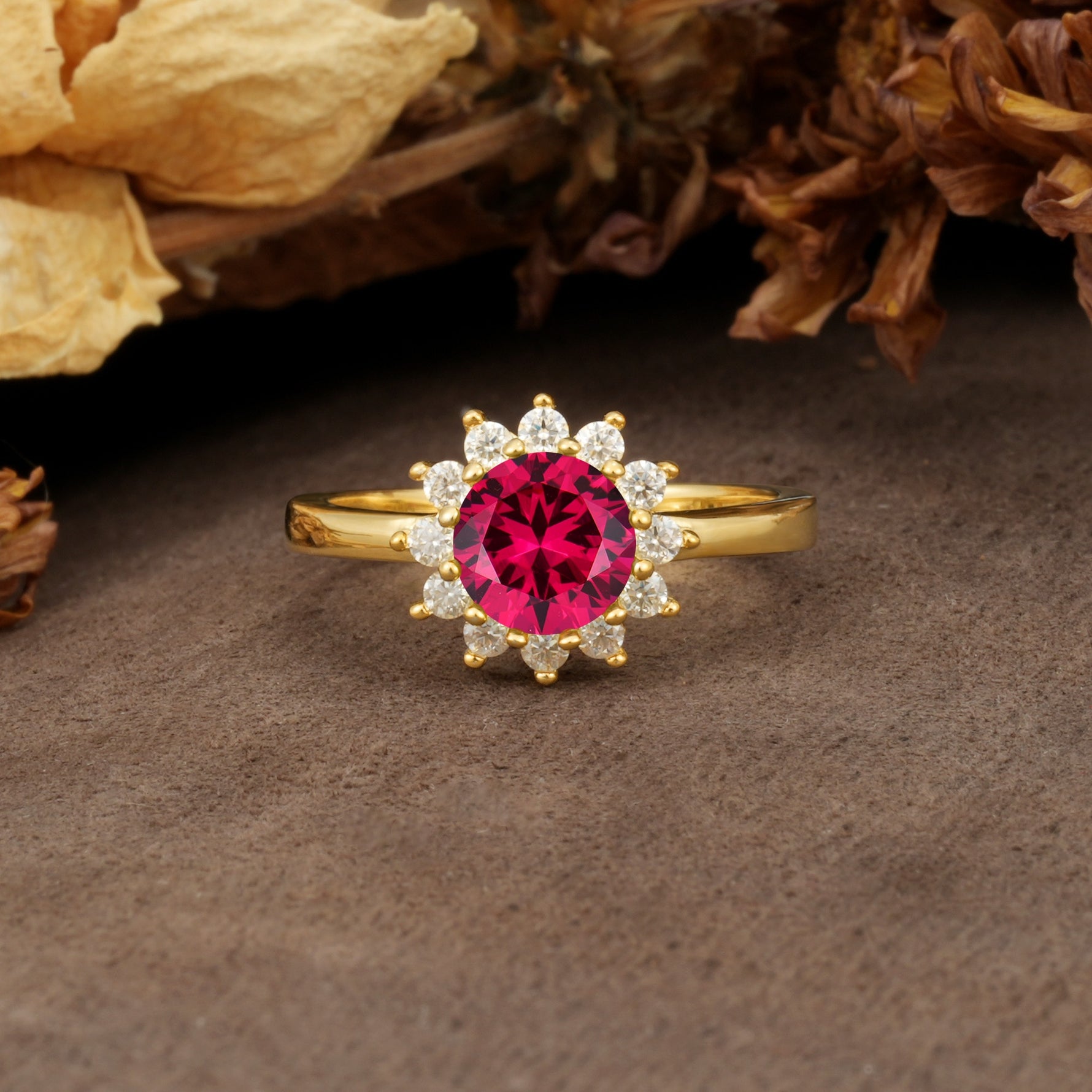 Nature-Inspired, Luxurious Floral Design, 12-Prong Round Cut Ruby Engagement Ring - Additional view