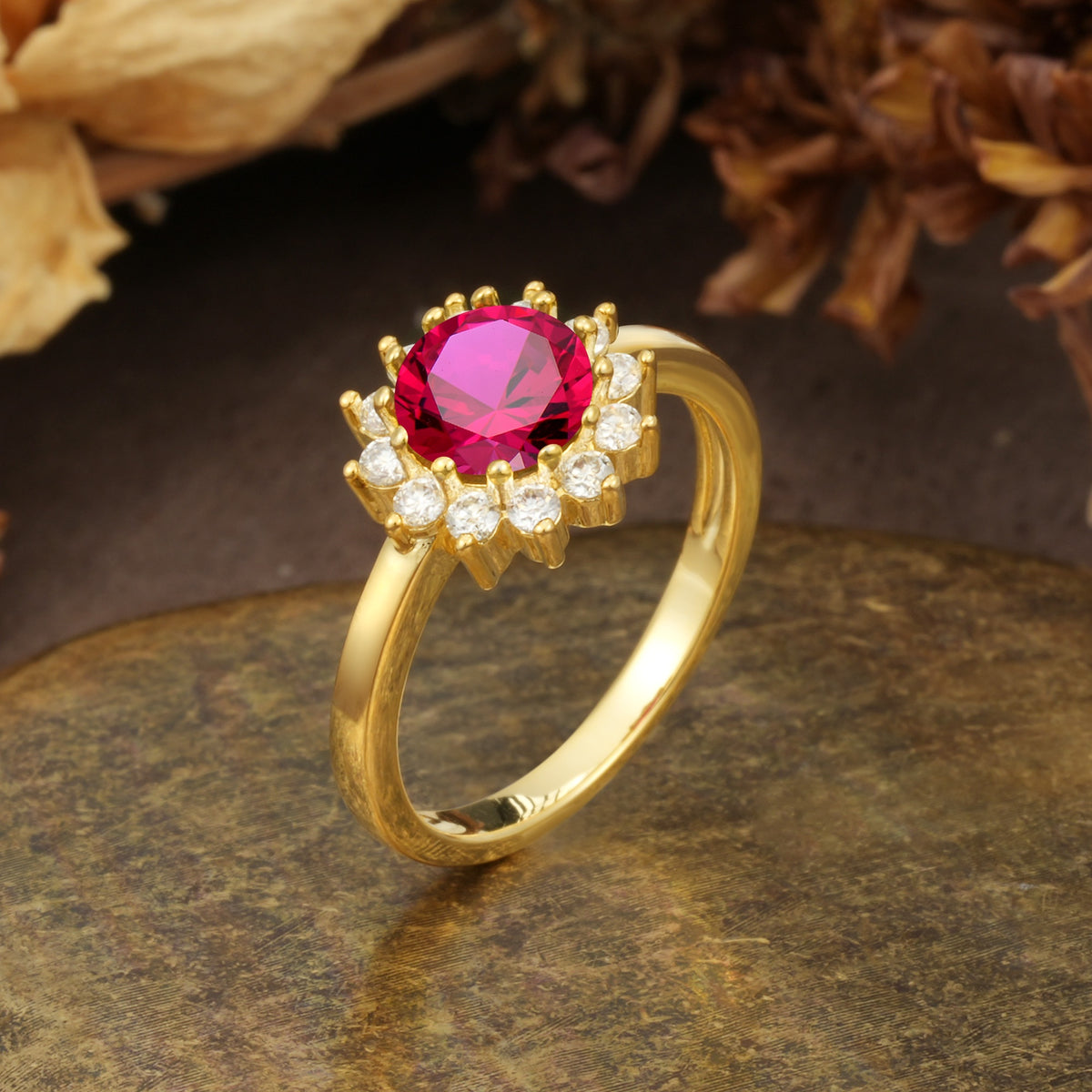 Nature-Inspired, Luxurious Floral Design, 12-Prong Round Cut Ruby Engagement Ring - Additional view