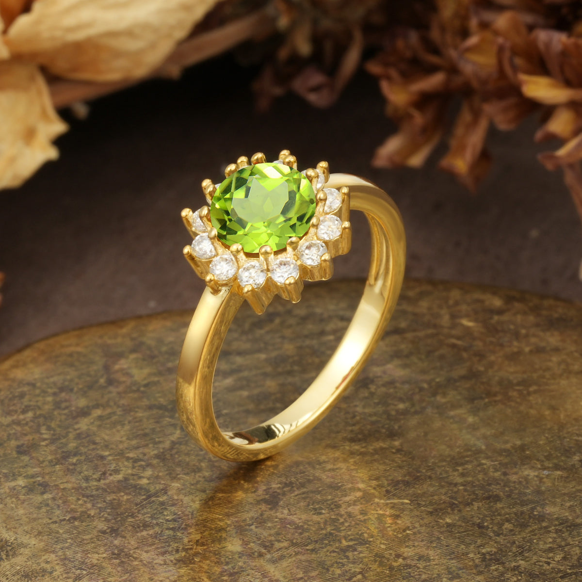 Nature-Inspired, Luxurious Floral Design, 12-Prong Round Cut Peridot Engagement Ring - Additional view