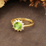 Nature-Inspired, Luxurious Floral Design, 12-Prong Round Cut Peridot Engagement Ring - Additional view