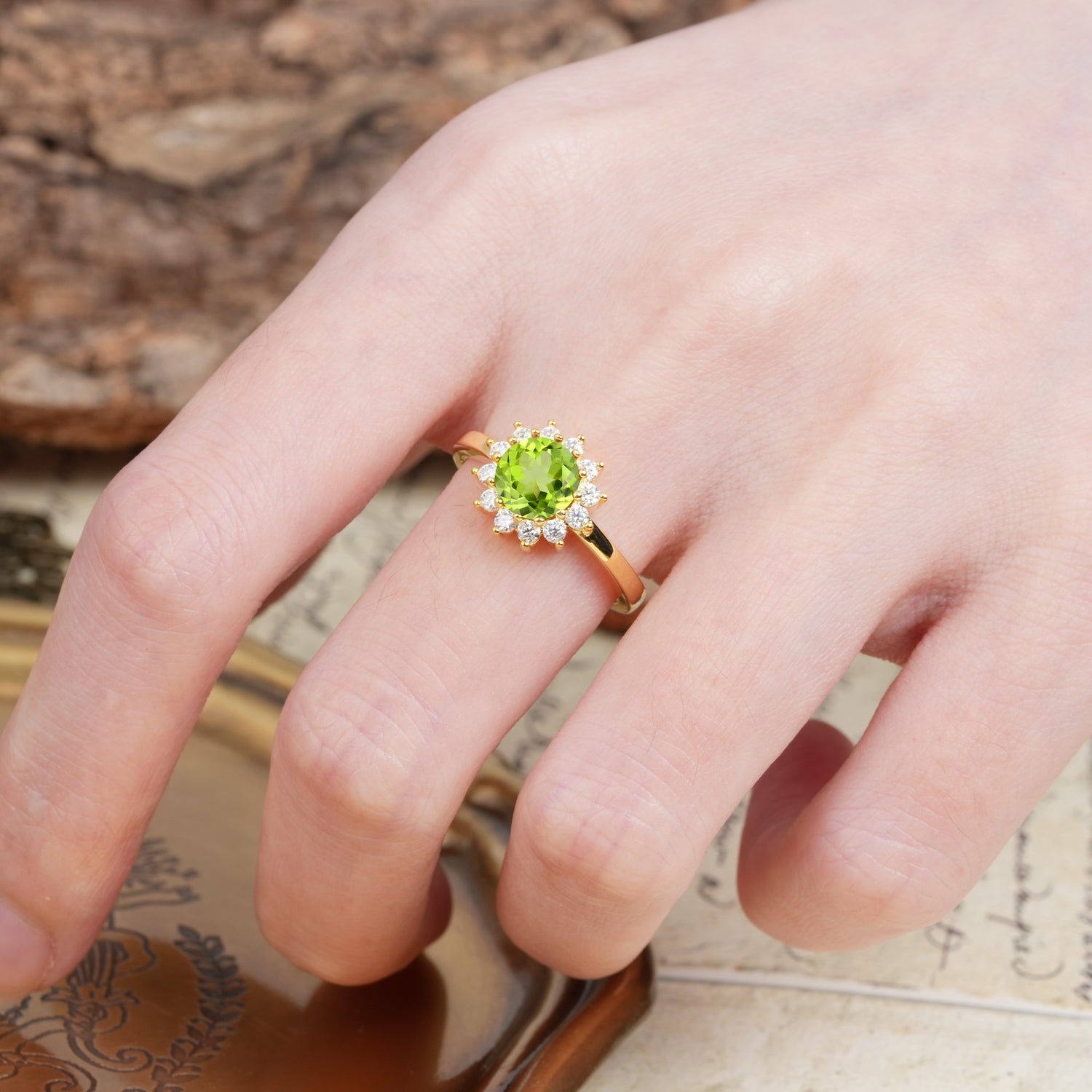 Nature-Inspired, Luxurious Floral Design, 12-Prong Round Cut Peridot Engagement Ring - Additional view