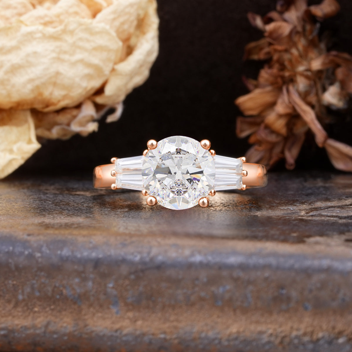 Classic Unique 4-Prong Round Cut Moissanite Three Stones Wedding Ring - Additional view
