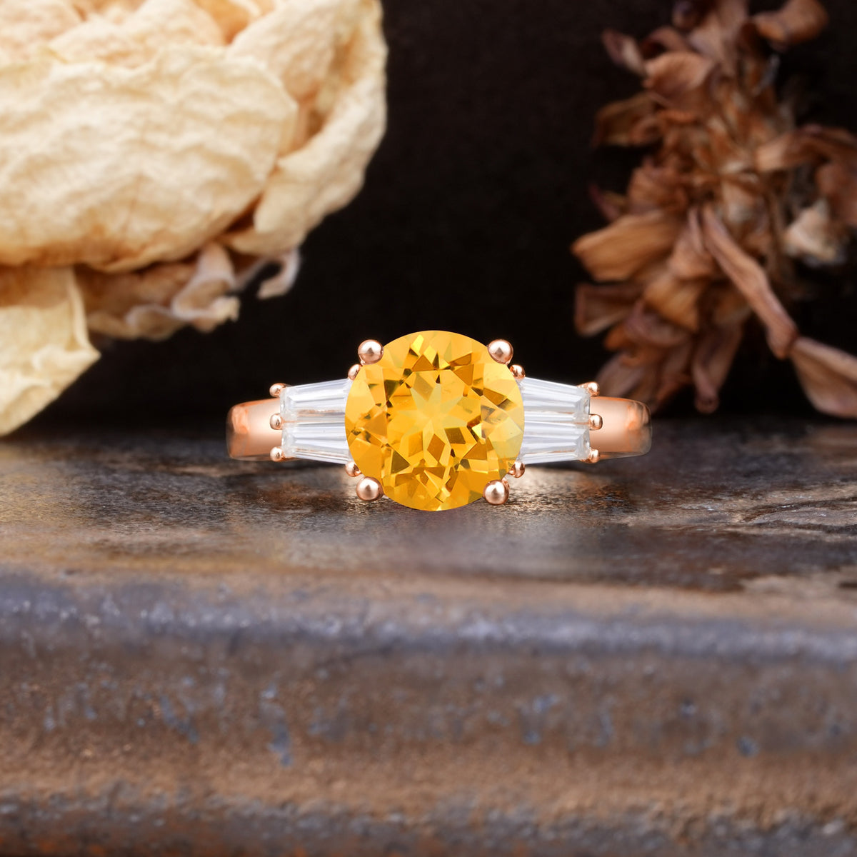 Classic Unique 4-Prong Round Cut Citrine Three Stones Wedding Ring - Additional view