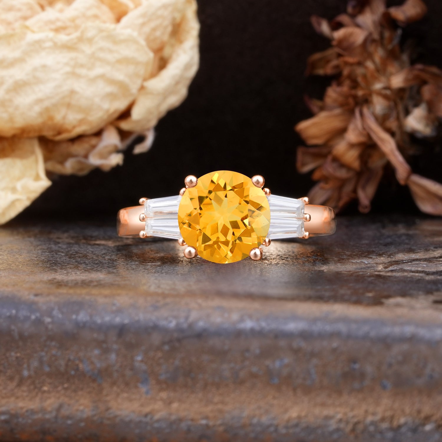 Classic Unique 4-Prong Round Cut Citrine Three Stones Wedding Ring - Additional view
