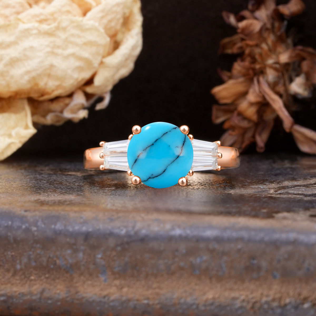 Classic Unique 4-Prong Round Cut Turquoise Three Stones Wedding Ring - Additional view