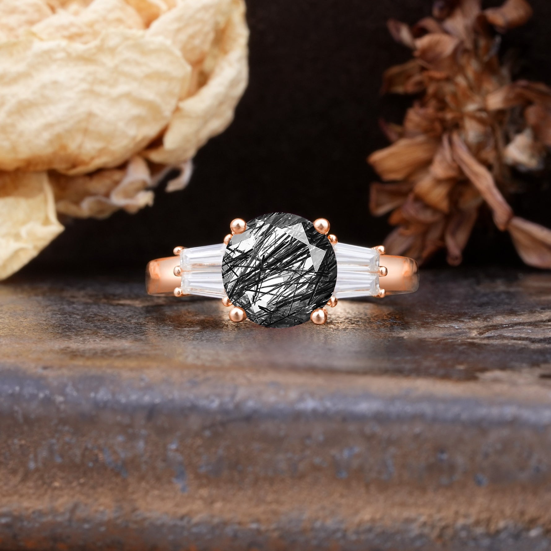 Classic Unique 4-Prong Round Cut Black Rutilated Quartz Three Stones Wedding Ring - Additional view