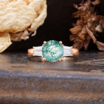 Classic Unique 4-Prong Round Cut Moss Agate Three Stones Wedding Ring - Additional view