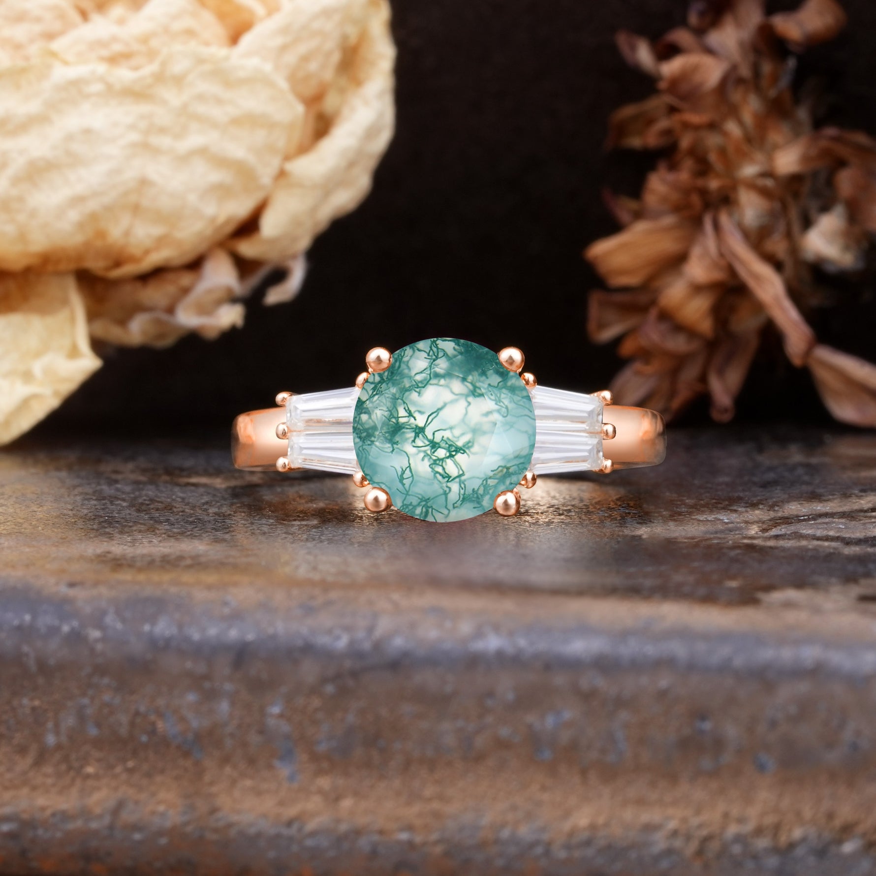 Classic Unique 4-Prong Round Cut Moss Agate Three Stones Wedding Ring - Additional view