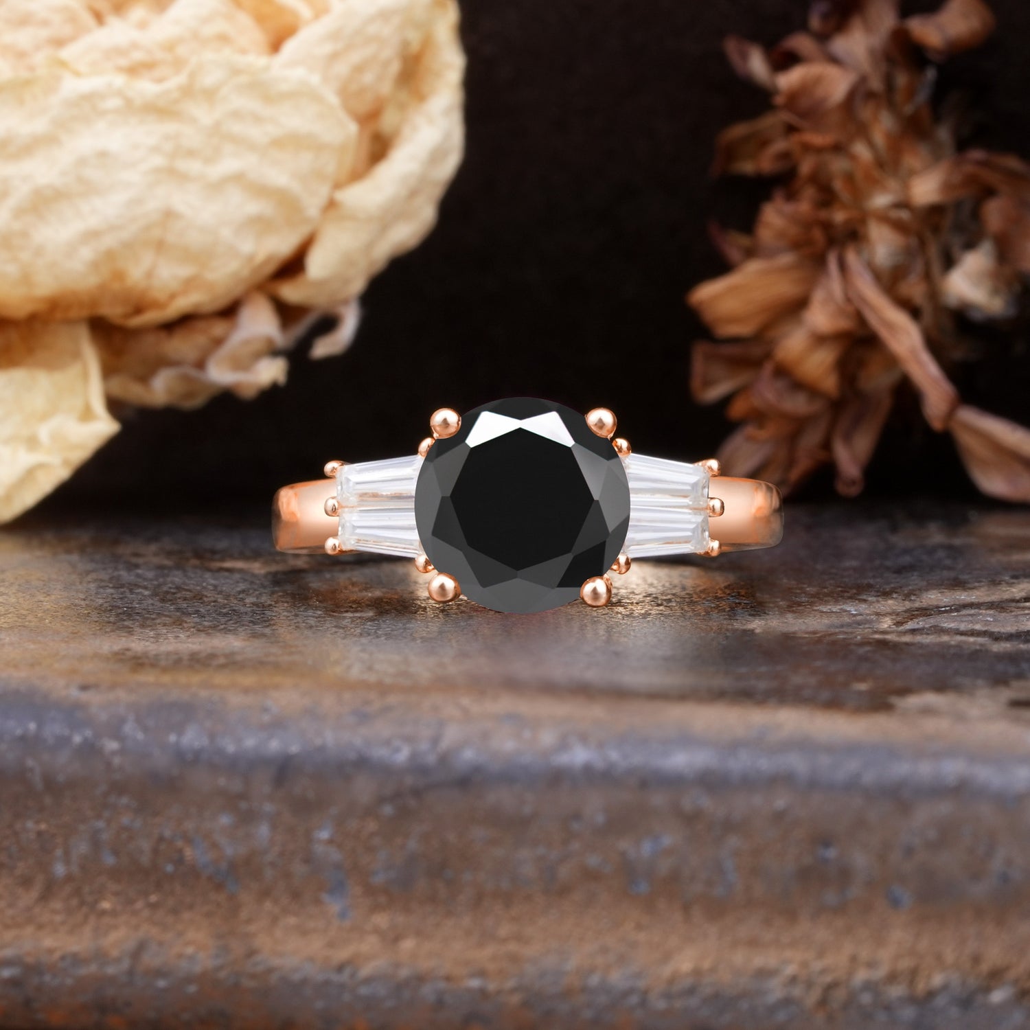 Classic Unique 4-Prong Round Cut Black Onyx Three Stones Wedding Ring - Additional view