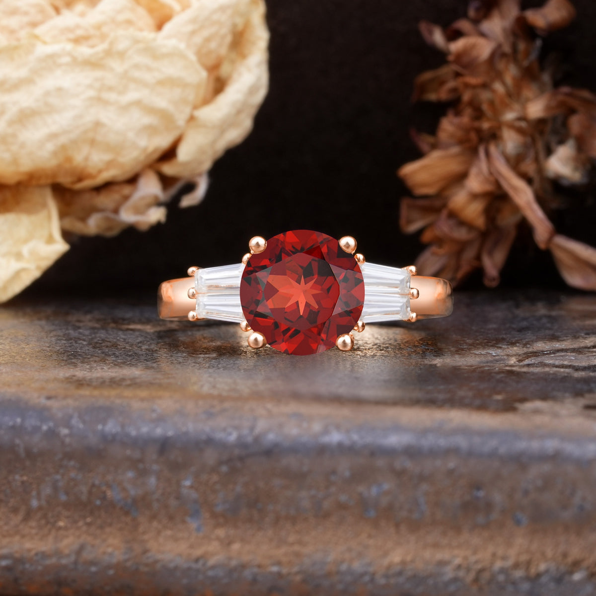 Classic Unique 4-Prong Round Cut Garnet Three Stones Wedding Ring - Additional view