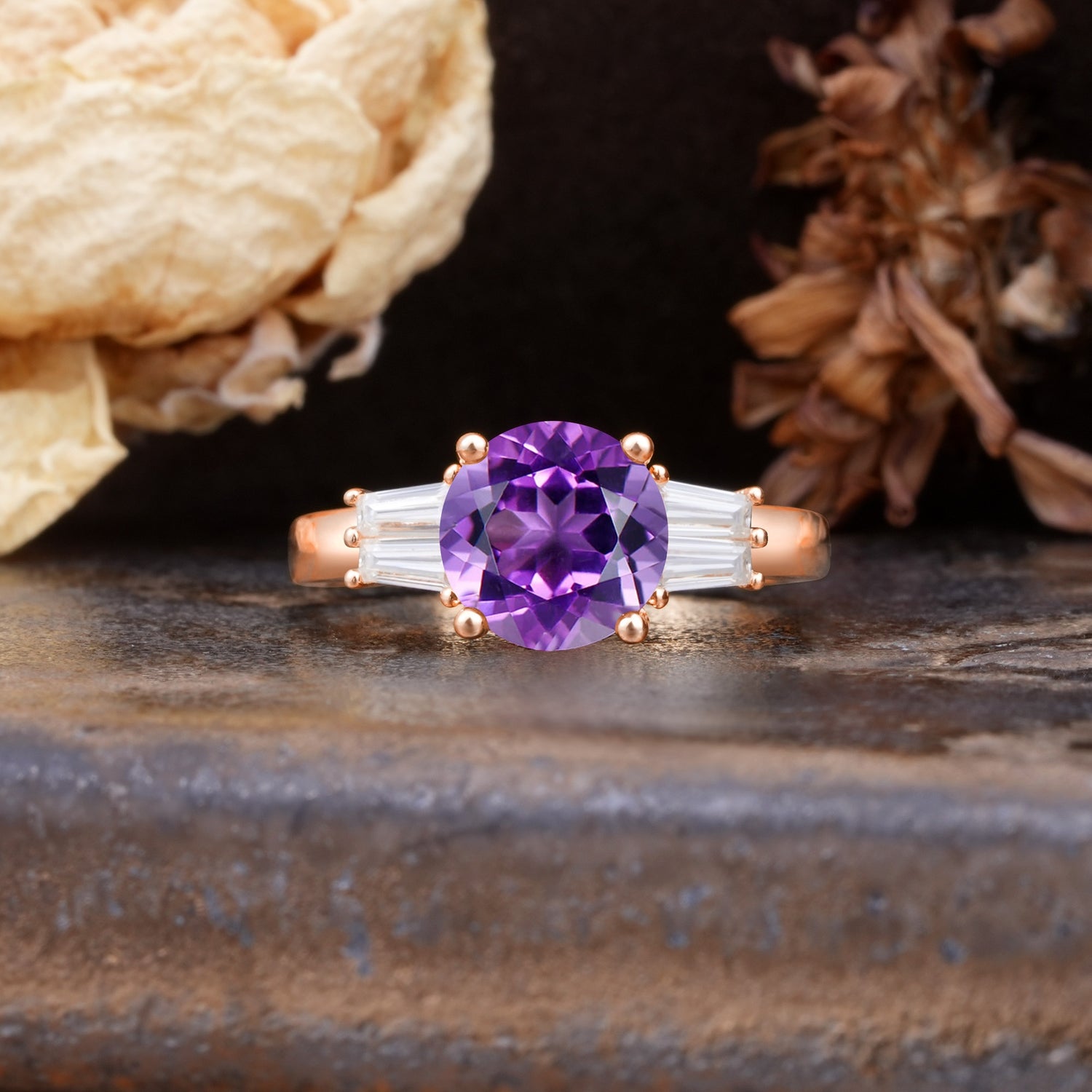 Classic Unique 4-Prong Round Cut Amethyst Three Stones Wedding Ring - Additional view