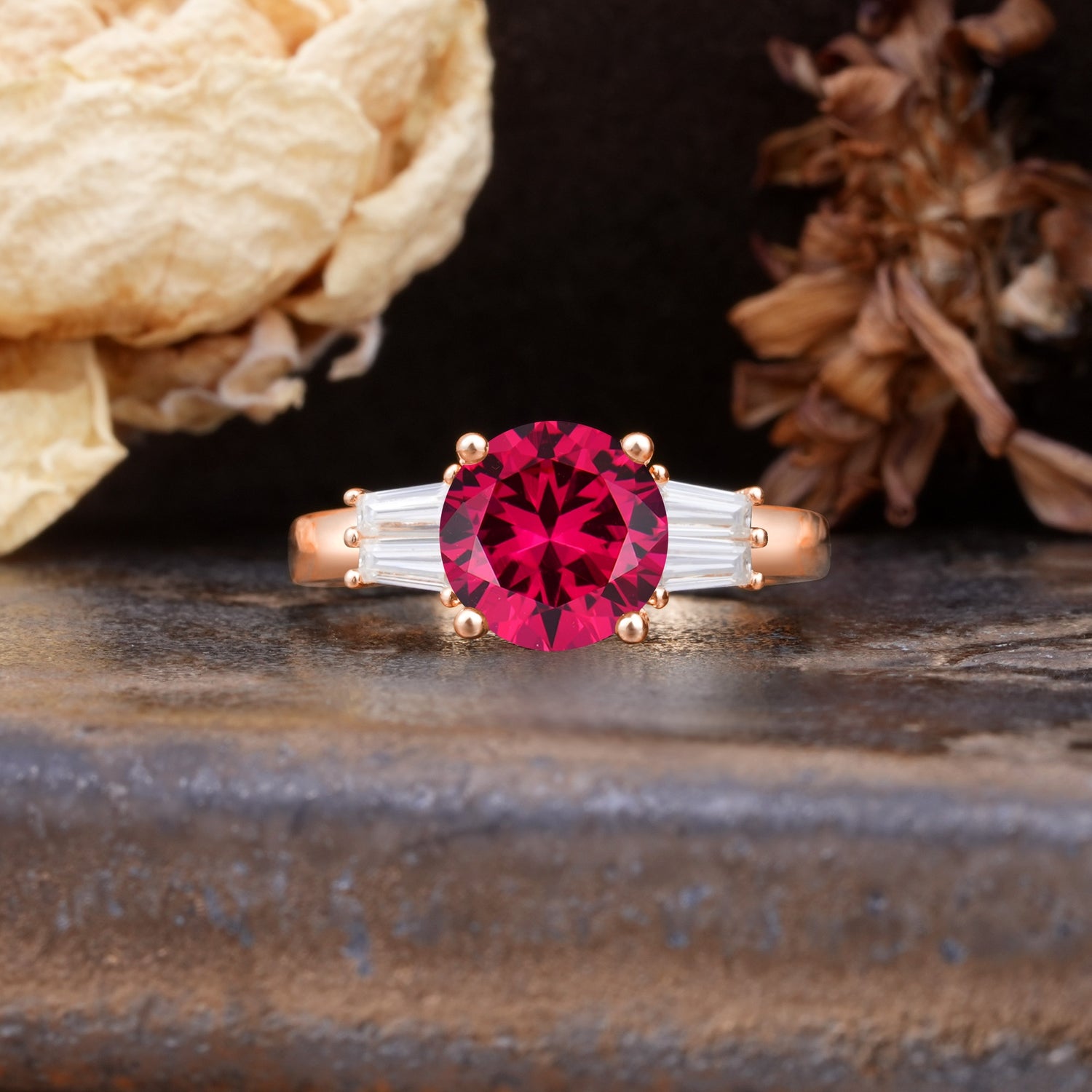 Classic Unique 4-Prong Round Cut Ruby Three Stones Wedding Ring - Additional view