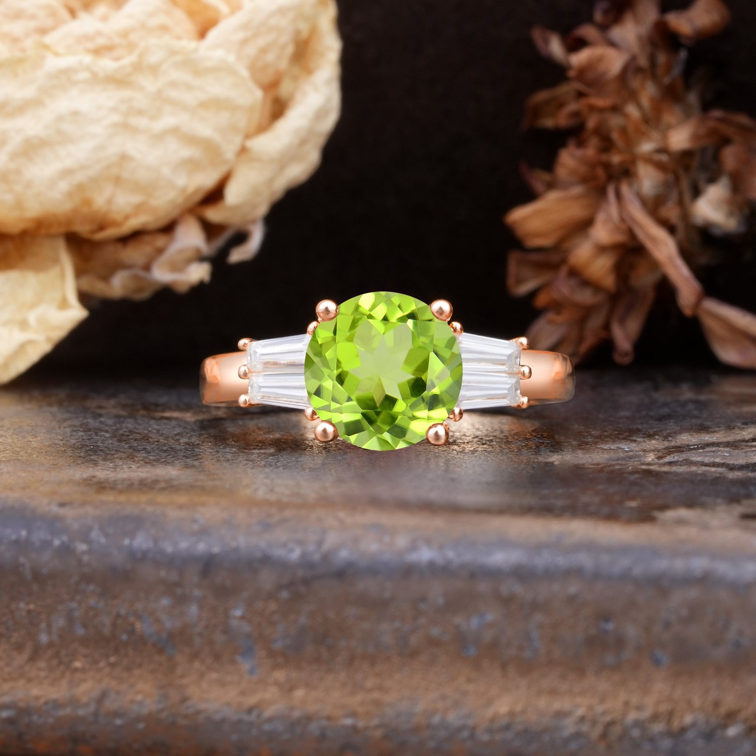 Classic Unique 4-Prong Round Cut Peridot Three Stones Wedding Ring - Additional view