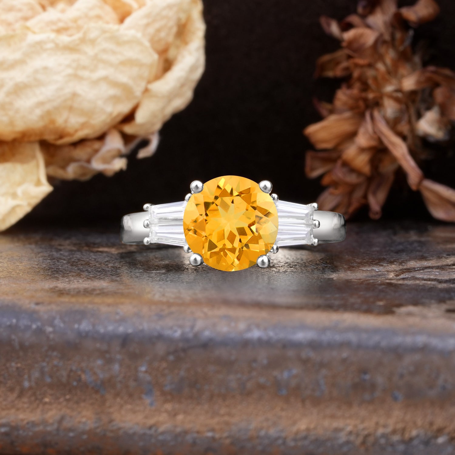 Classic Unique 4-Prong Round Cut Citrine Three Stones Wedding Ring - Additional view