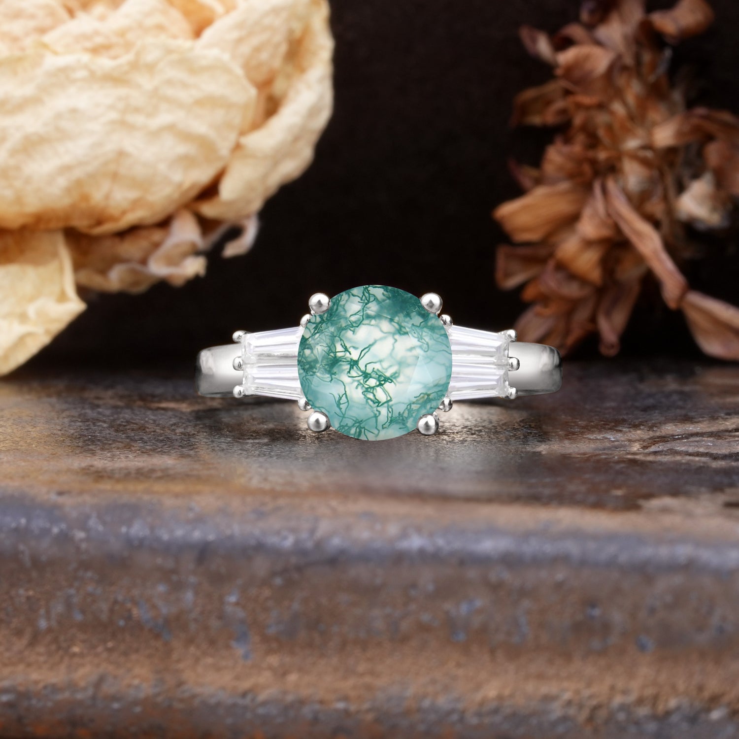 Classic Unique 4-Prong Round Cut Moss Agate Three Stones Wedding Ring - Additional view