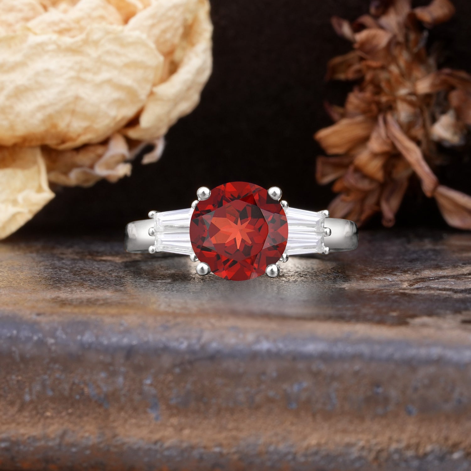 Classic Unique 4-Prong Round Cut Garnet Three Stones Wedding Ring - Additional view