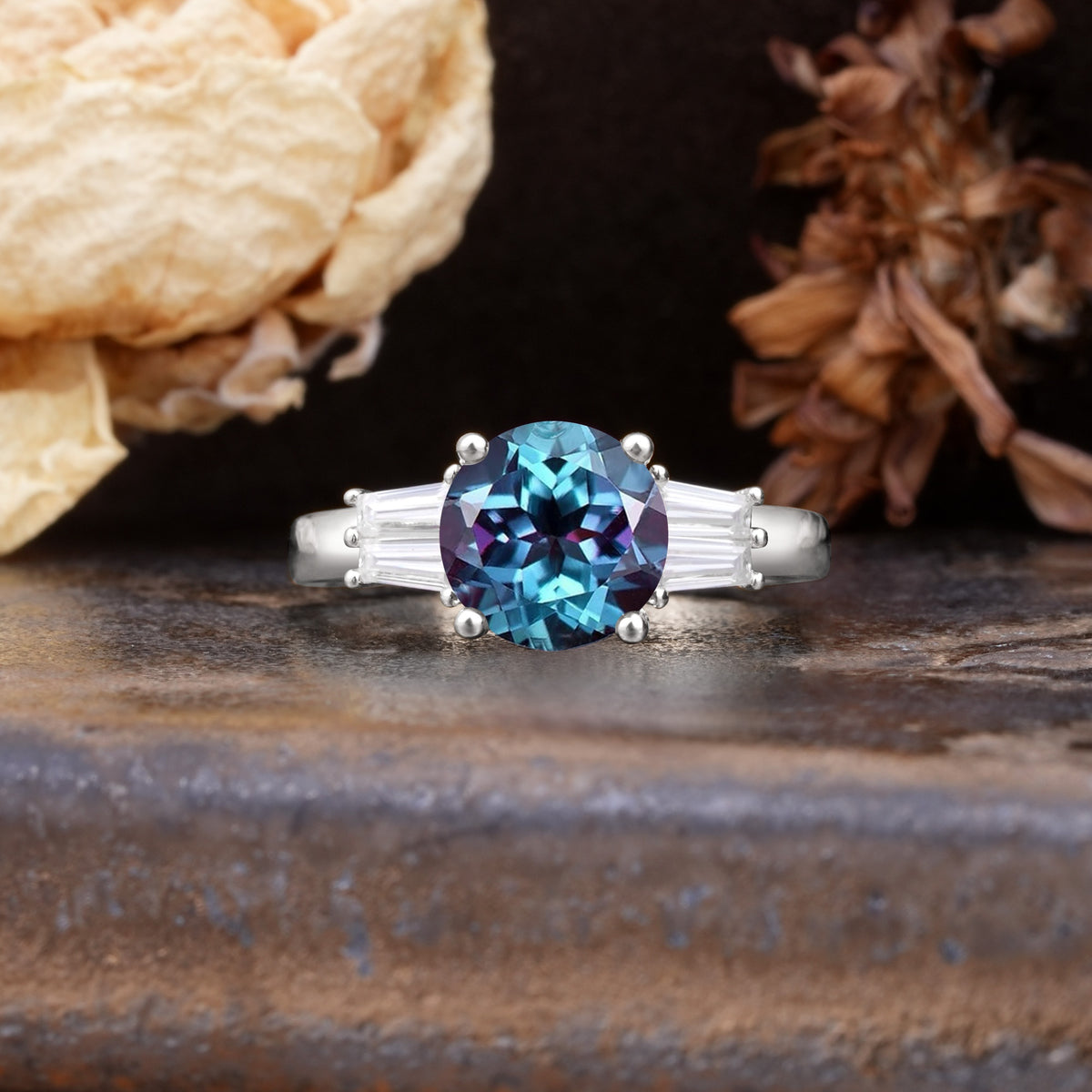 Classic Unique 4-Prong Round Cut Alexandrite Three Stones Wedding Ring - Additional view