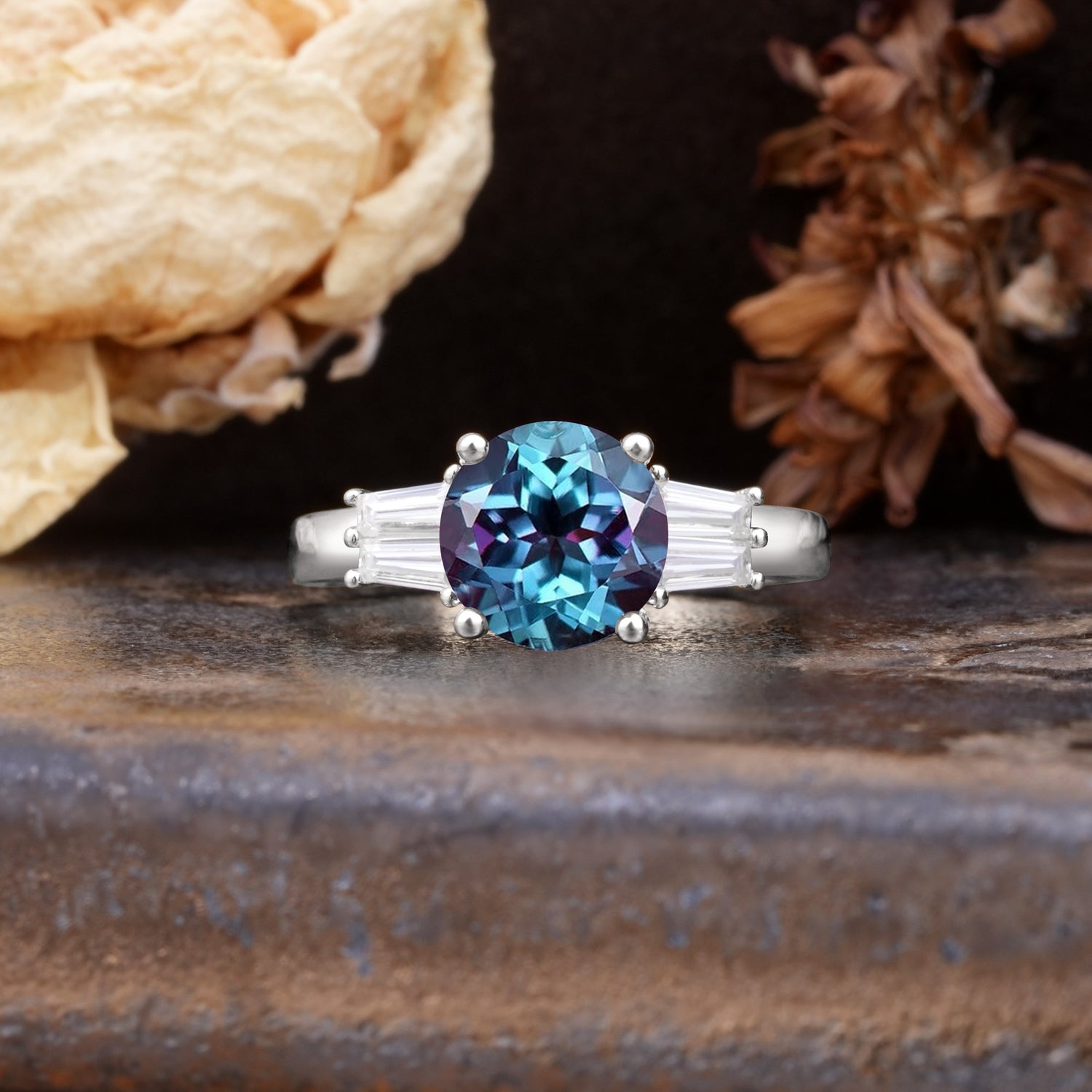 Classic Unique 4-Prong Round Cut Alexandrite Three Stones Wedding Ring - Additional view